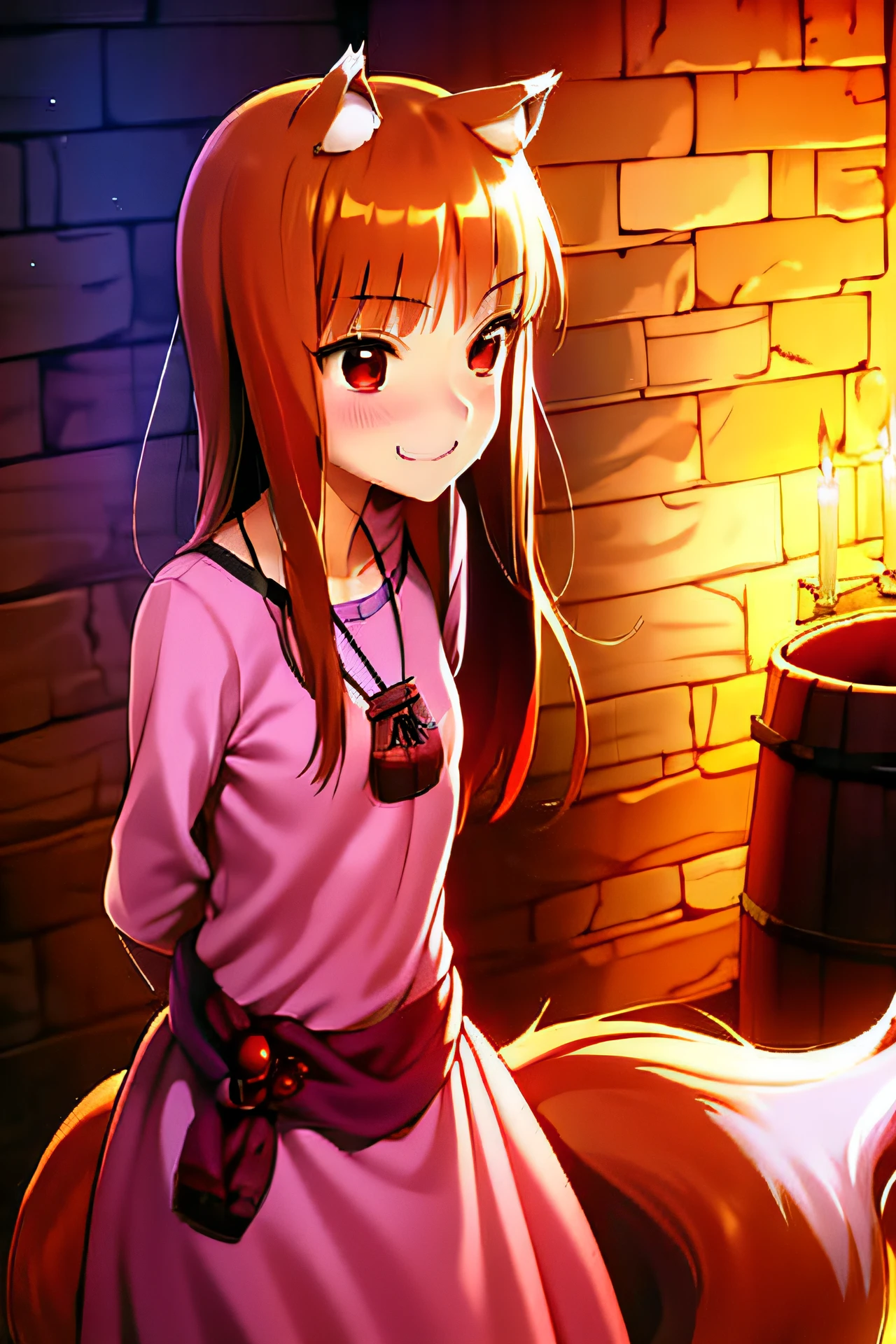 absurdres, best quality, masterpiece, novel illustration,(spice and wolf), (((holo))), (spicytail), (koume keito:1), (ayakura juu:1), (kawakami rokkaku:1), looking at viewer, wolf_ears, wolf_girl, wolf_tail, holo, animal_ears, 1girl, long_hair, brown_hair, purple_shirt, solo, brick_wall, blush, pouch, fang, smile, red_eyes, open_mouth, barrel, arms behind back, from front,