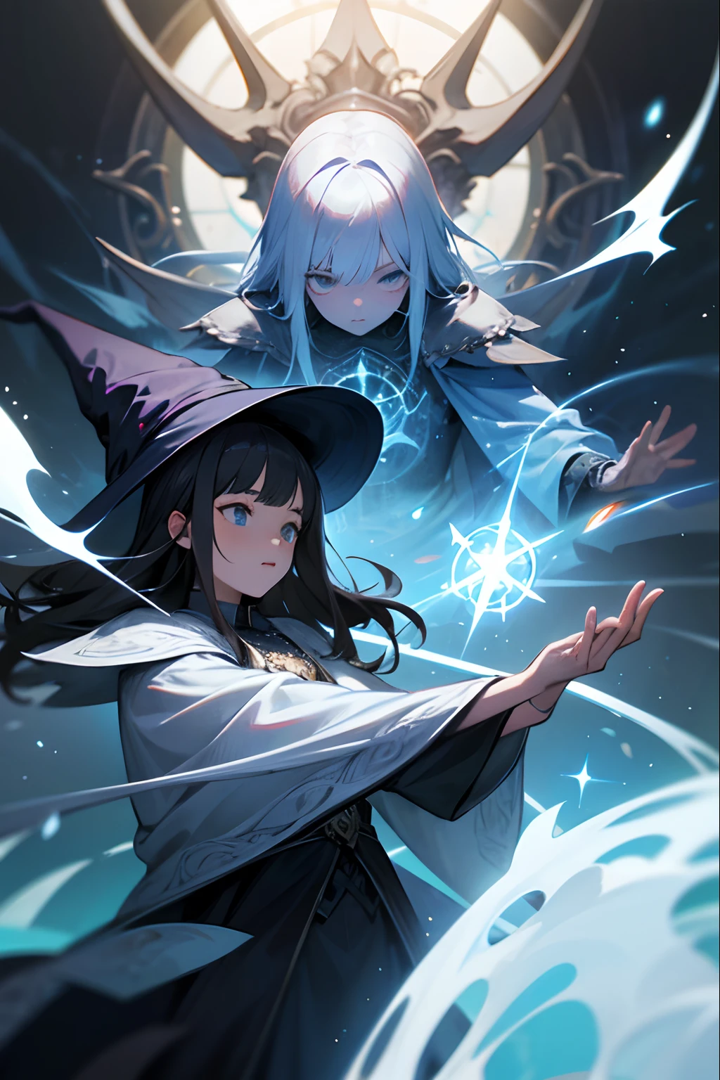 best quality, ultra-detailed, white witch VS black witch, magic arts, sorcery