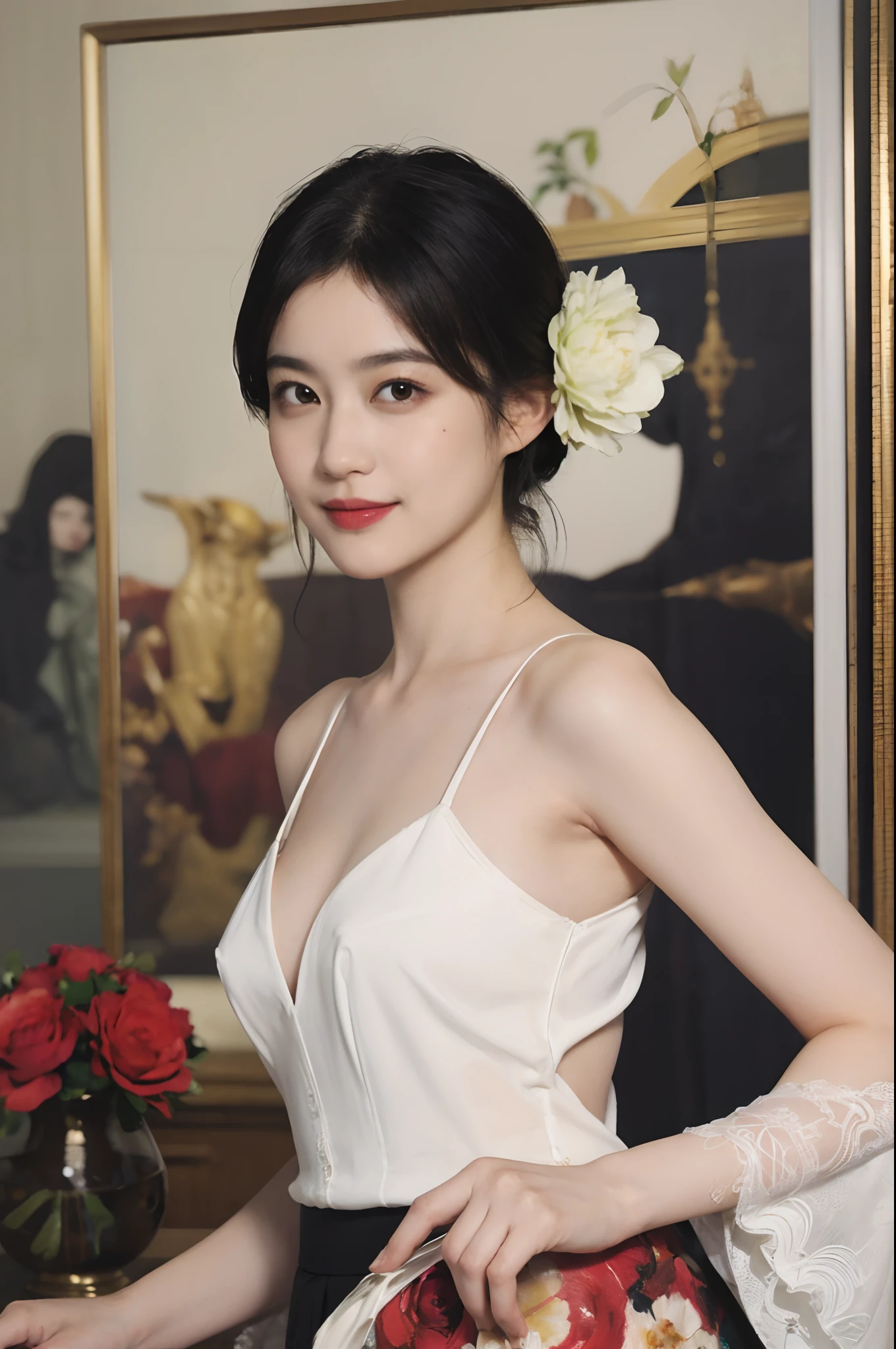 (Oil Painting: 1.5), \\ Woman with short black hair, ((Luxurious room)),  (Amy Saul: 0.248), (Stanley Agar Liu: 0.106), (detailed paintings: 0.353), (Gothic art: 0.106), vases, with floral pattern, (((A slight smil)))