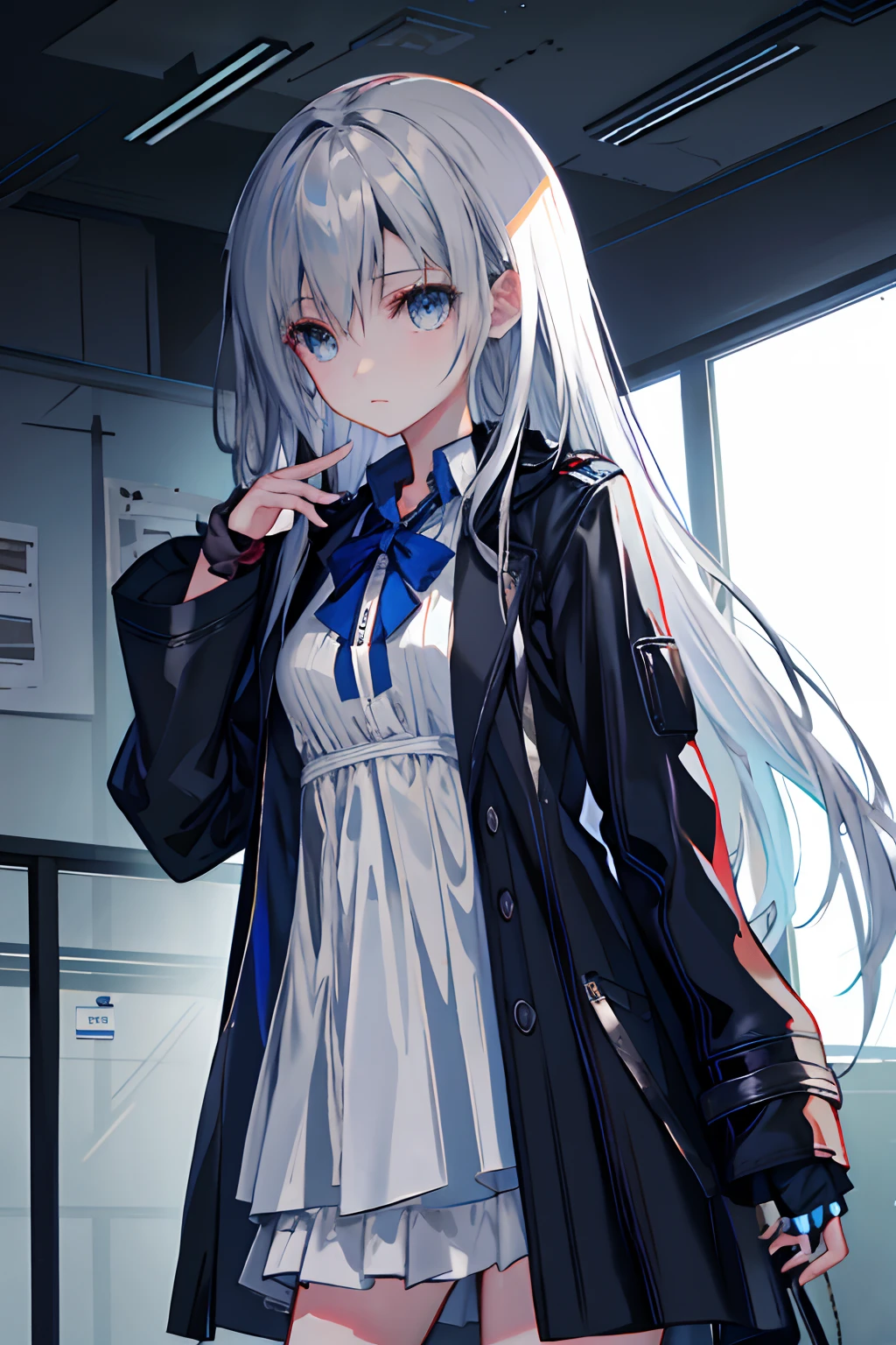 East,in the afternoon,after rainny,In the office,1girll,White color hair,blue color eyes,Dark gray stasi trench coat,attentive,Wear surveillance headphones