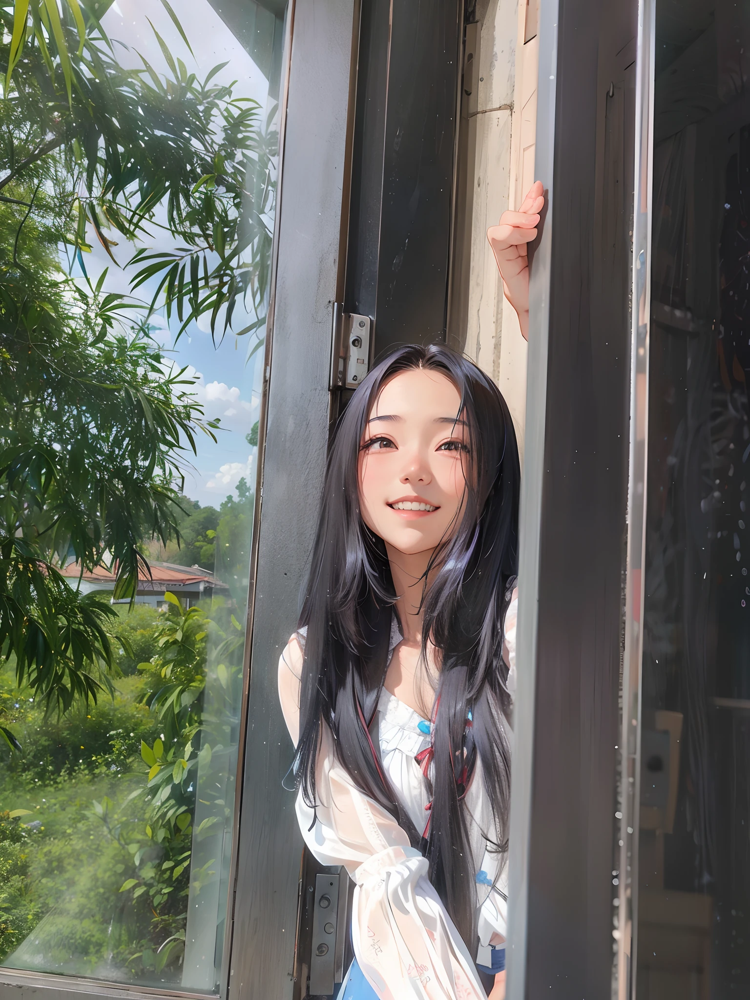 there is a young girl smiling standing outside of a window with her hand on the door, with long hair, xintong chen, asian girl with long hair, wenfei ye, ruan cute vtuber, nivanh chanthara, 8k selfie photograph, headshot profile picture, mai anh tran, with white long hair, dang my linh