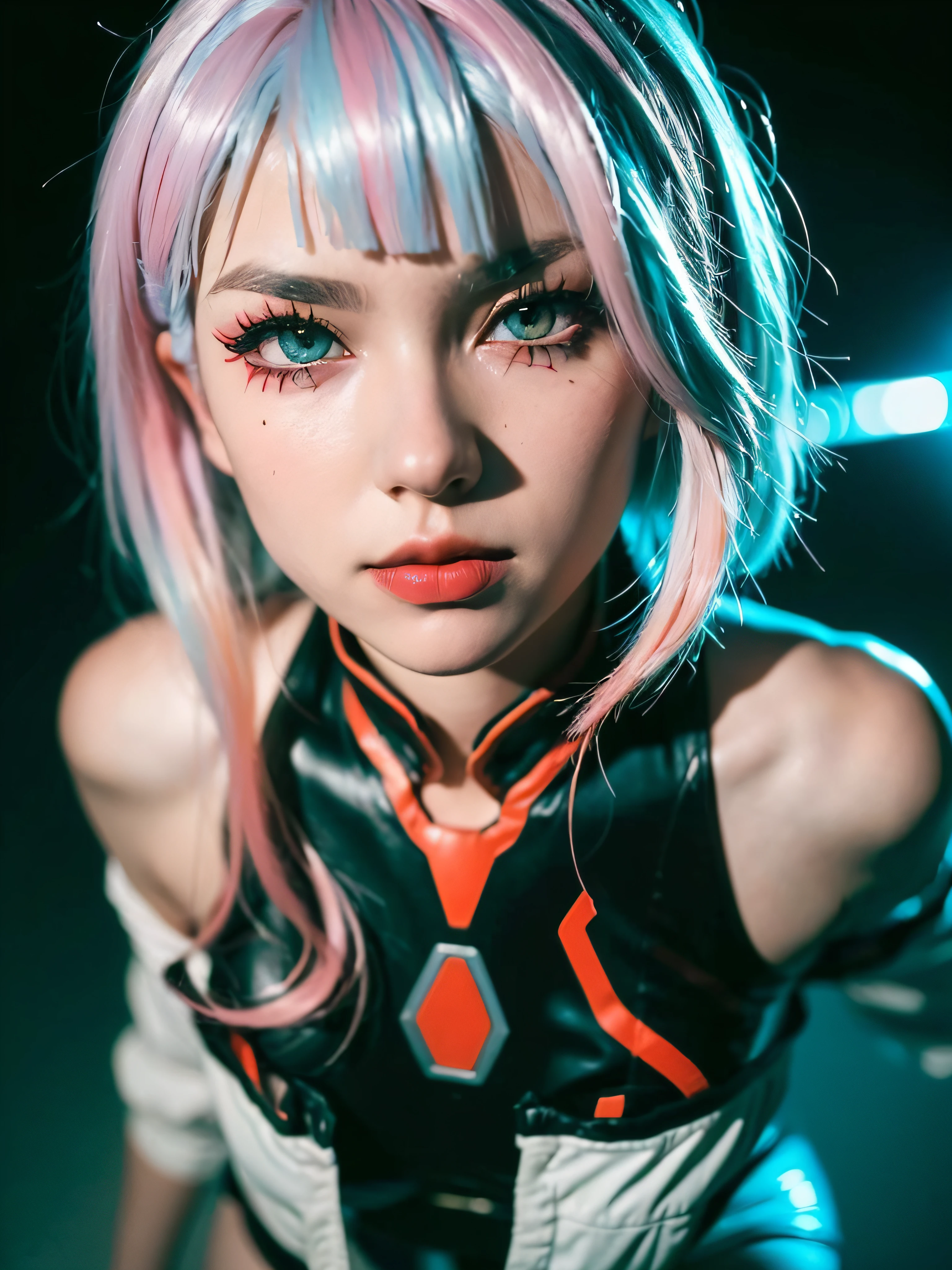 ((Masterpiece, high resolution:1.4), lucy_cyberpunk, (futuristic city at night, neon lights:1), (close up:1.2), (1girl), white short hair, bangs, ((red eyeliner)), ((makeup)), red lips, white off-shouler jacket, black bodysuit, bare shoulders, white shorts, hip vent, black thighhighs, highly detailed skin, skin pores, (highly detailed face:1.5), (highly detailed eyes:1.5), realistic pupils:1.5, full face blush, full lips, (perfect anatomy:1.1), (perfect proportions:1.1), (photography:1.1), (photorealistic:1.1), volumetric lighting, dynamic lighting, real shadows, (highres:1.1), sharp focus, (realistic, hyperrealistic:1.4), intricate, high detail, dramatic, subsurface scattering, big depth of field, vivid, polished, sharpened, ((full Sharp)), (extremely absurdres),16k hdr,