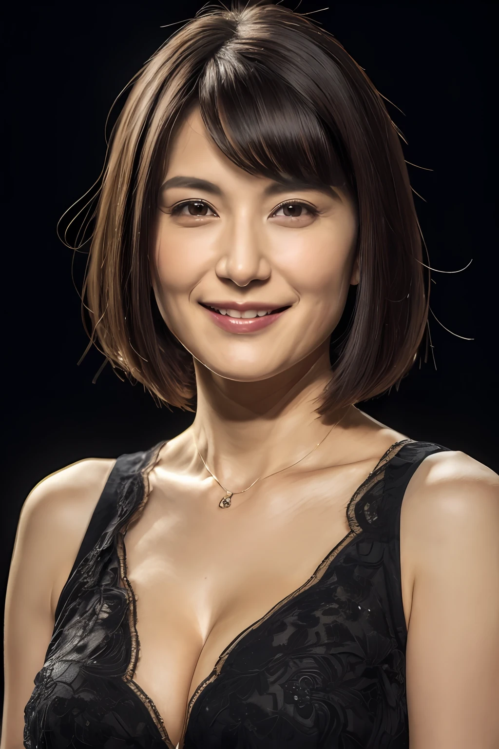 (masterpiece:1.3), (8K, Photorealsitic, Raw photography, Top image quality: 1.4), japanes, (1girl in), beauitful face, (Lifelike face), (A dark-haired, short-hair:1.3), (straight haired), Beautiful hairstyle, Realistic eyes, beautidful eyes, (real looking skin), Beautiful skin, enticing, 超A high resolution, A hyper-realistic, high-detail, the golden ratio, Detal Face, see the beholder, A smile, camisa branca aberta, Colossal tits, cleavage of the breast, is standing, Look at viewers