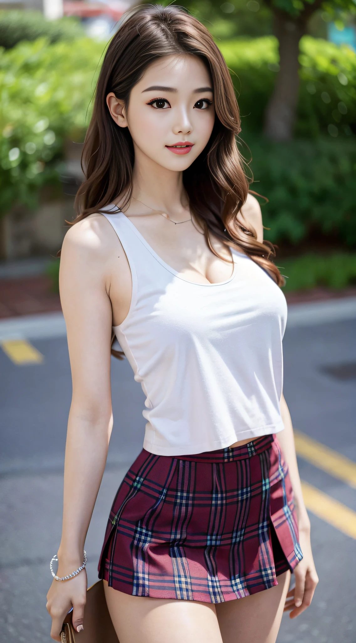 NSFW, 8k RAW photo, top-quality, masterpiece, 超A high resolution, film grains, filmg, 1girl in, looking at the viewers, natural skin textures, realistic eyes and face details, Full lips, lipsticks, (makeup), Red Eye Shadow, long fluffy wavy hair, hair messy, A smile, closes mouth, Beautiful legs, Tall lady, skiny, slim_Legs, 独奏, huge-breasted, cleavage of the breast, forward facing pose, Ultra short skirt, Tank Tops, Beautiful coast, (细致背景), plaid skirts, White bold breastsVTank top cut into letters, huge-breasted,Looks dew, cleavage of the breast, Twitching the dough of the tank top, no-bra, lowfers, blurry backround, bblurry, ngel, Plaid, brown haired, A bracelet, bangss, Uniform skirt, jewely, cparted lips, s lips, from the front side,Depth-of-fie、full body Esbian