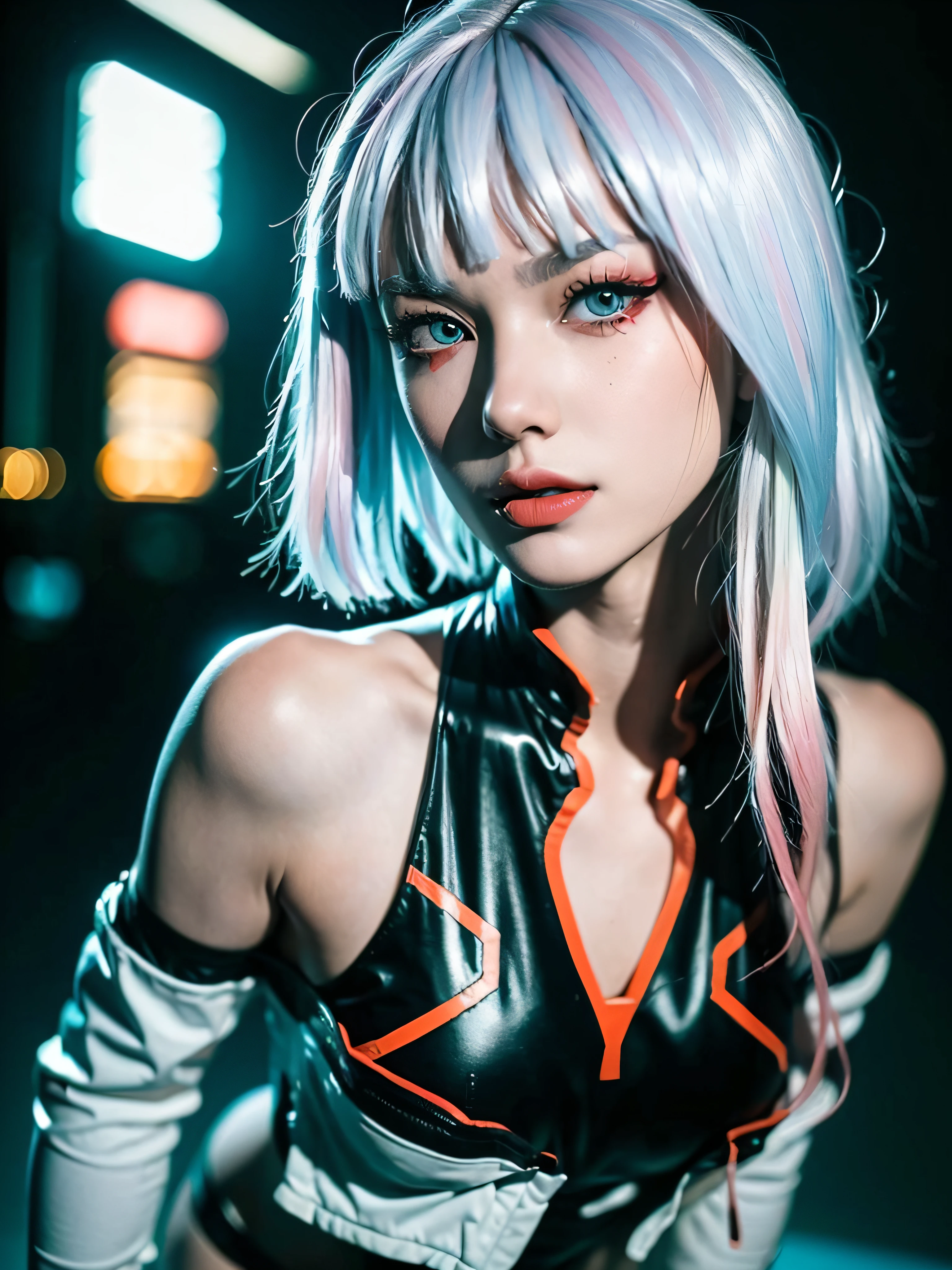 lucy \(cyberpunk\), wide angle, 1girl, hime cut, silver hair, colored tips, grey eyes, , looking at viewer, medium hair, multicolored hair, parted bangs, parted lips, pink hair, red eyeliner, red lips, cyberpunk \(series\)