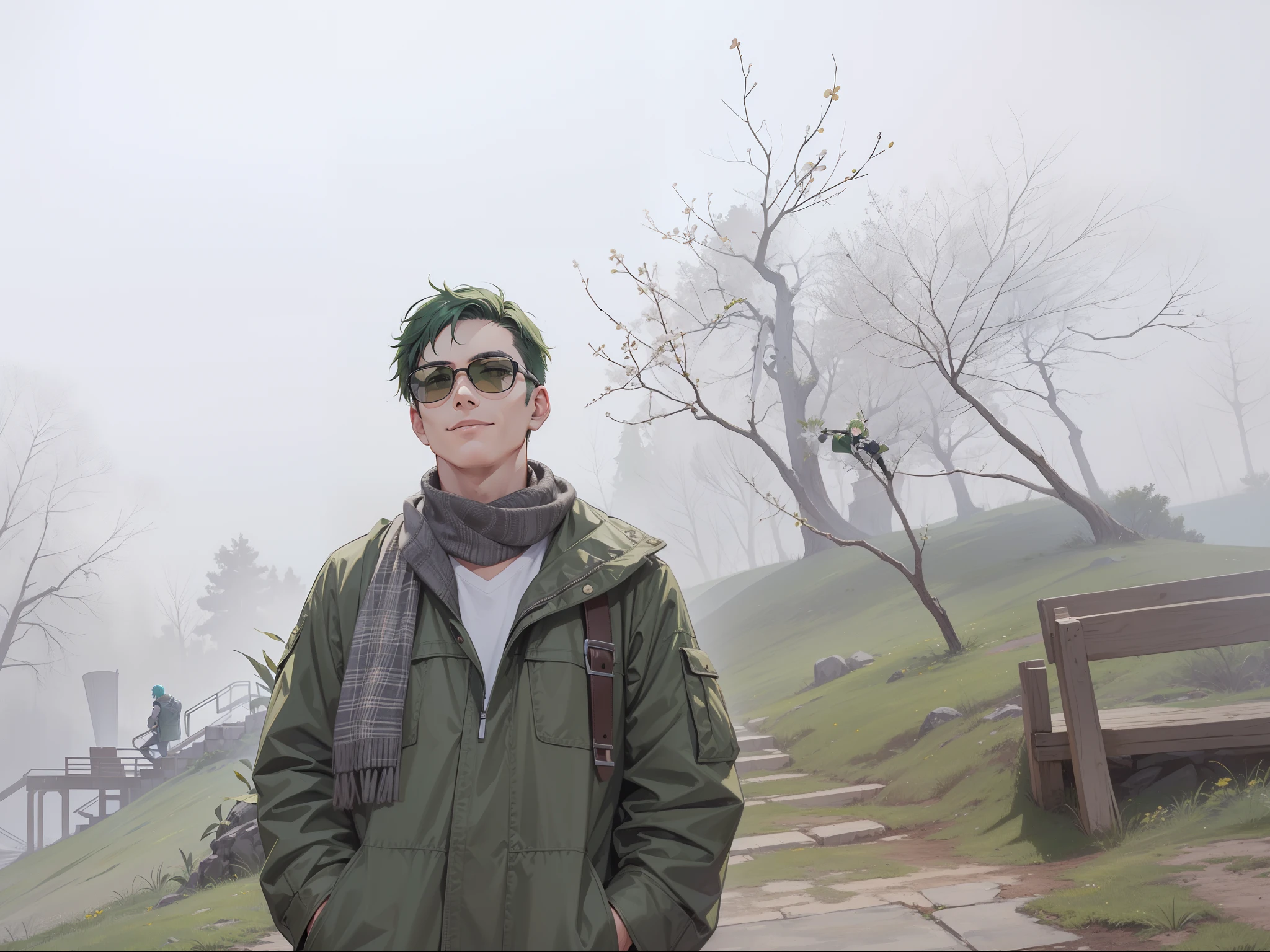 Adult men, short green hair, smile, masterpiece, high quality