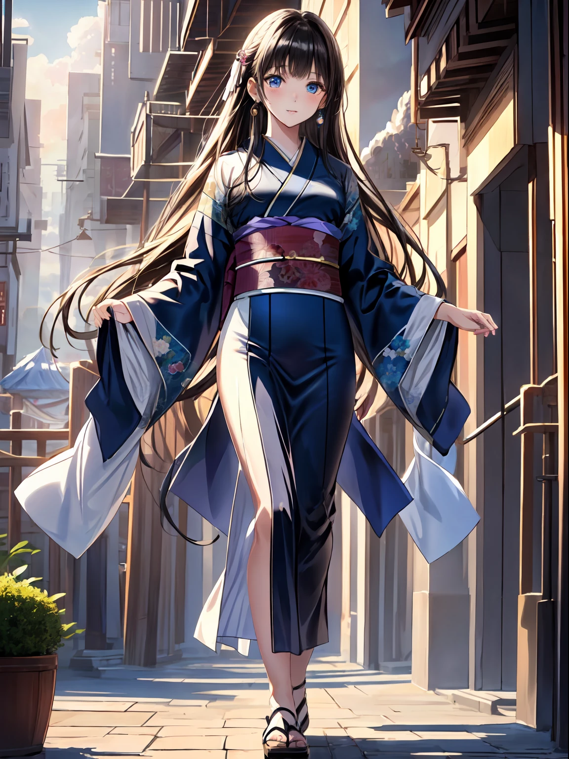((masterpiece+best quality+high resolution+illustration1.3+ultra 8k)), 1girl, ((detailed body)) ((attractive face)) ((long nose)) ((long facial structure)) (sharp eyes), attractive blue eyes, (fantasy) ,soft skin, kimono girl, wearing kimono, fantasy cloud, cloudy background, detailed body, long black hair, black hair, detailed eyes, ((detailed shadow)), lighting, detailed, focus, earrings, hand detailed (((Full body shot)))