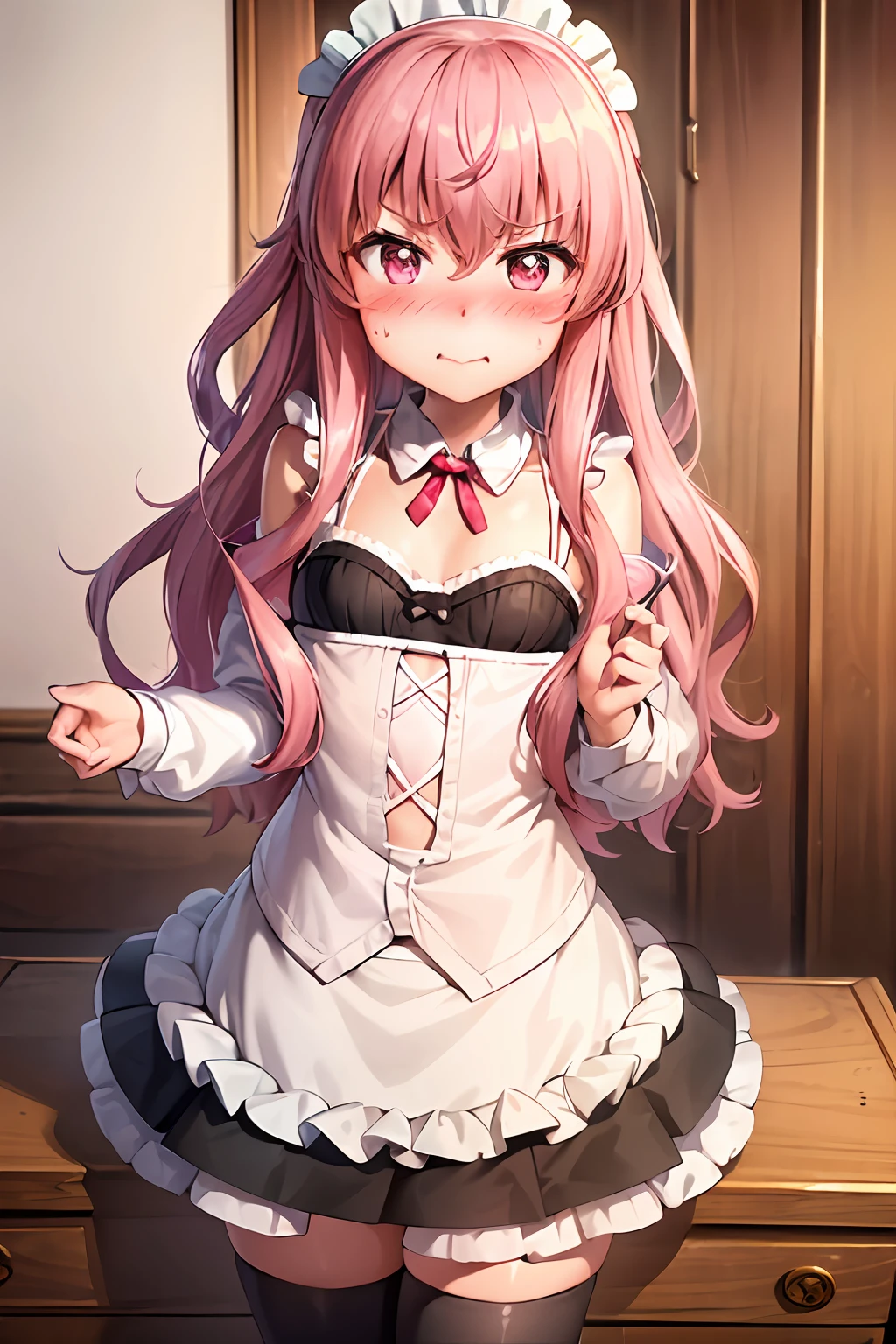 1girl, embarrassed, (forced smile:1.1), (blush:1.3), (nose blush:1.3), (full-face blush:1.3), v, sexy maid, stockings, (looking to the side :1.7), see-through clothes, navel, short skirt, see-through camisole, flat chest, petite, masterpiece, high quality, highres, absurdres, detailed face features, cinematic lights, indoors