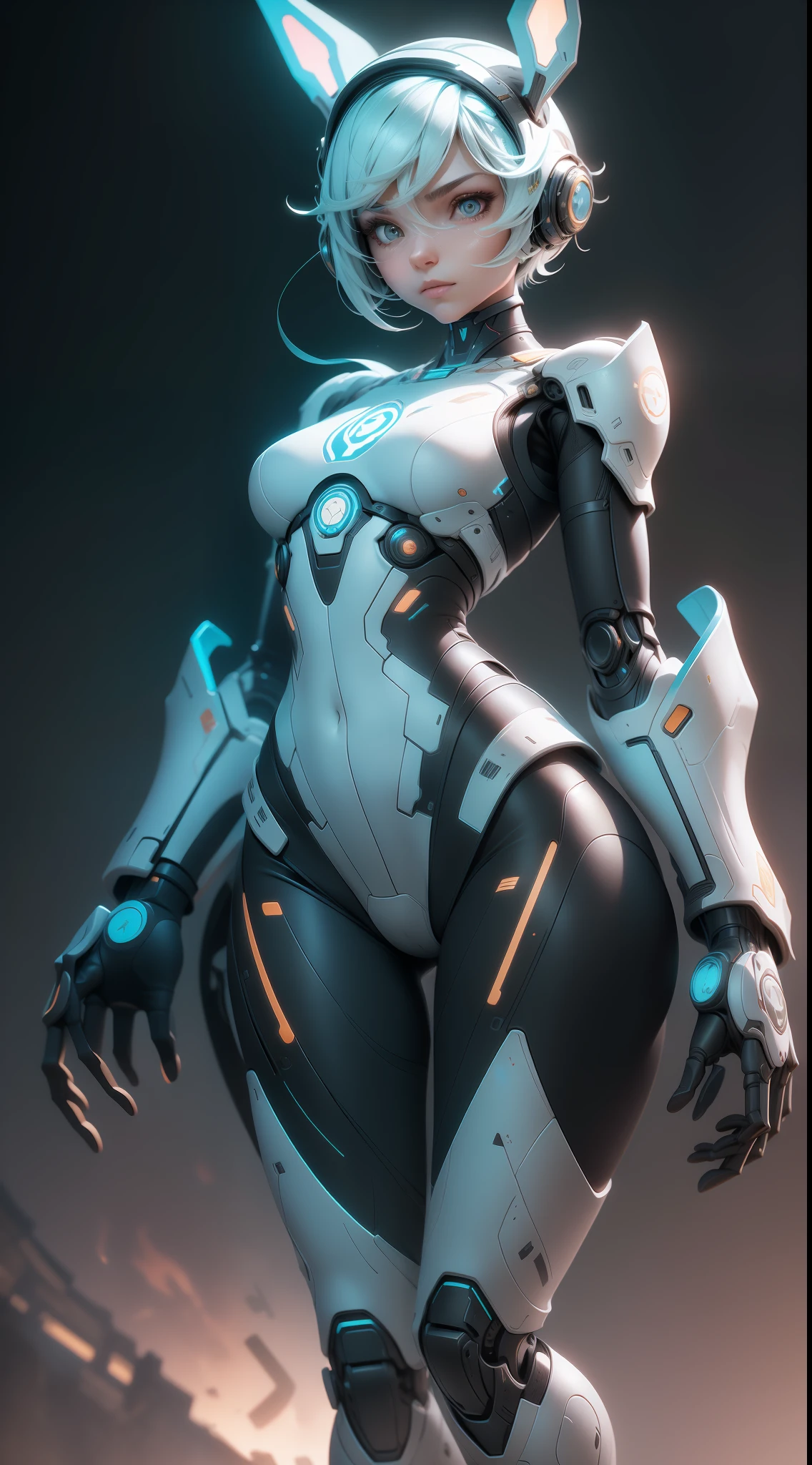 I need a minimalist robot model , this desings needs to be a robot with no human caracteristics, a mix between GLaDOS from portal 2, body shape of V1 from ultrakill, color white, black and orange