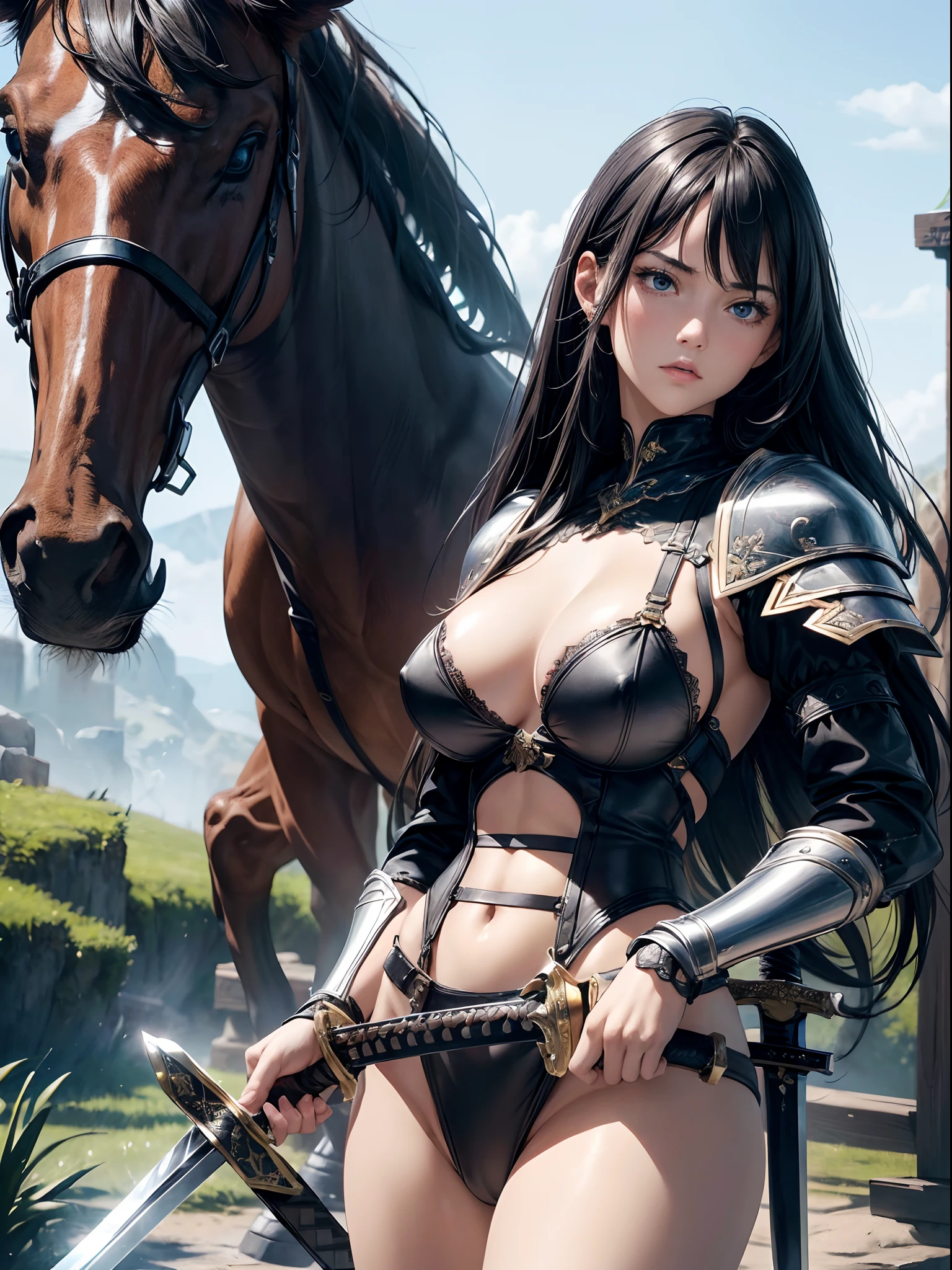 absurderes,(masterpiece、top-quality、8K ),,intricate detailes,ultra-detailliert、(Hyper realistic:1.3),Perfect Anatomy,1girl in,(Fighter:1.2),Serious,Black hair,Long hair,Black skin,(large full breasts)、s Armor、(Big sword:1.4),Cowboy Shot,Fantasy background,