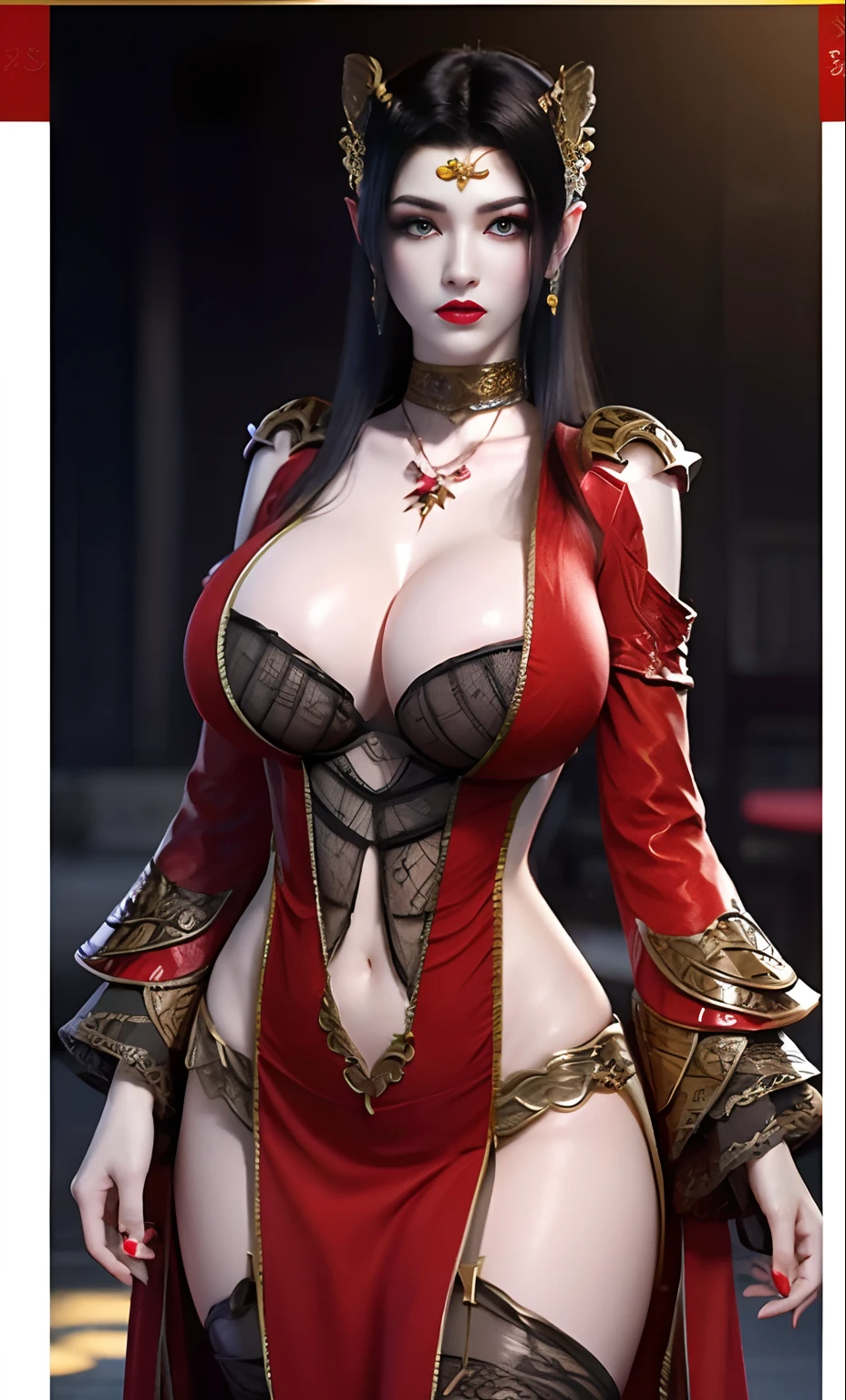 1 very beautiful queen medusha in hanfu dress, thin red silk shirt with many yellow motifs, black lace top, long hair dyed black, beautiful hair jewelry, pretty face pretty and cute, perfect face, earring jewelry, head and hair jewelry, antique jewelry, big red eyes, sharp eye makeup, meticulous makeup eyelashes, thin eyebrows, nose tall, pretty red lips, no smile, pursed lips, rosy cheeks, breast augmentation, wide breasts, (huge breasts), well-proportioned breasts, slim waist, red mesh stockings with black lace, Chinese hanfu style, fictional art patterns, colors vivid and realistic, RAW photos, realistic photos, ultra-high quality 8k surreal photos, cool photos, (virtual lighting effects: 1.8), 10x pixels, magic effects (background): 1.8), super detailed eyes, beautiful girl body portrait, (full body:1.3), (standing:1.2), girl alone, ancient hanfu background, looking directly at the audience, wide original photo, 8k quality, super sharp, detailed and clear picture best, detailed light background,