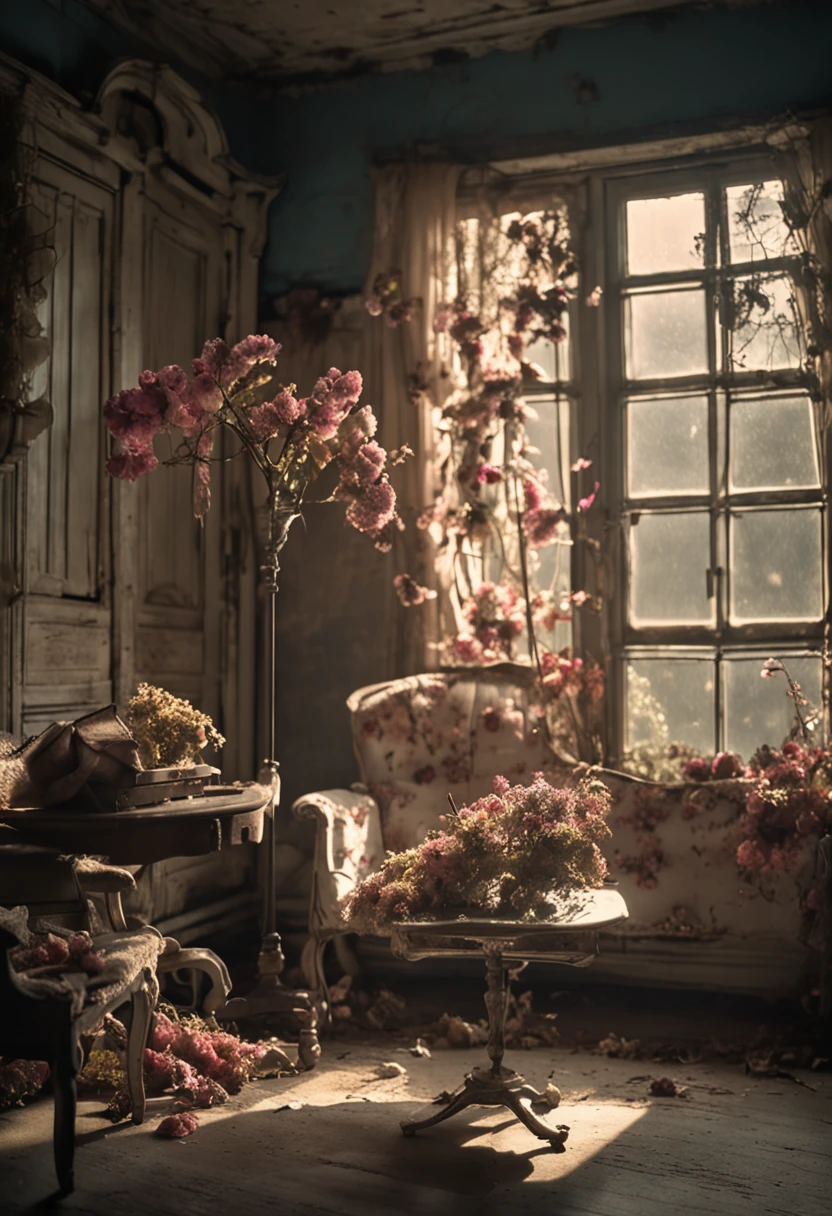 Sunlight, gloomy room, withered flowers, shabby sofa