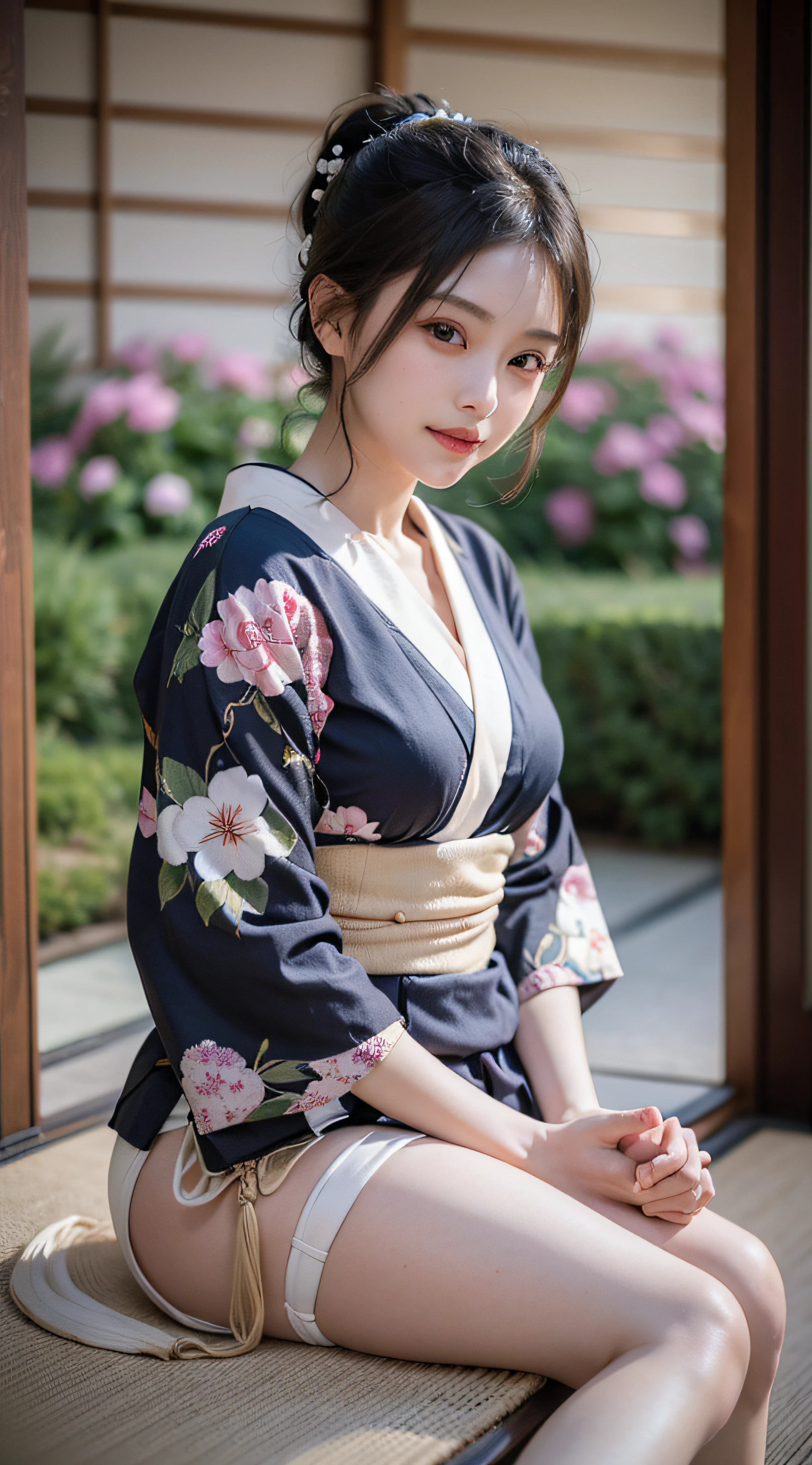 (Photorealsitic:1.4), (Top image quality:1.0), (超A high resolution:1.0), 8K, Raw photography, (​masterpiece:0.2), (pureerosface_v1:0.5)、(Best Quality Detail:1.2)、realisitic、8K UHD、hight resolution、(1girl in:1.2)、The ultra-detailliert、High quality textures、intricate detailes、detaileds、Very detailed CG、High quality shadows、Detail Beautiful delicate face、Detail Beautiful delicate eyes、depth of fields、Ray traching,1girl in, japanaese girl, Cute, slender, Black kimono, Kimono with Japanese pattern,Floral scrunchie, Beautiful skin, Facing the front,Sit down, Sit upright and say thank you,Align your hands elegantly,Smile faintly The Land of Japan,Japanese garden,Luxury Japanese-style room, skyporn, Magic Hour, (Realistic:1.3), Finely detailed, quality, (masutepiece:1.2), (Photorealistic:1.2), (Best Quality), (Intricate details), Dramatic, Ray tracing, photograph, +Lola