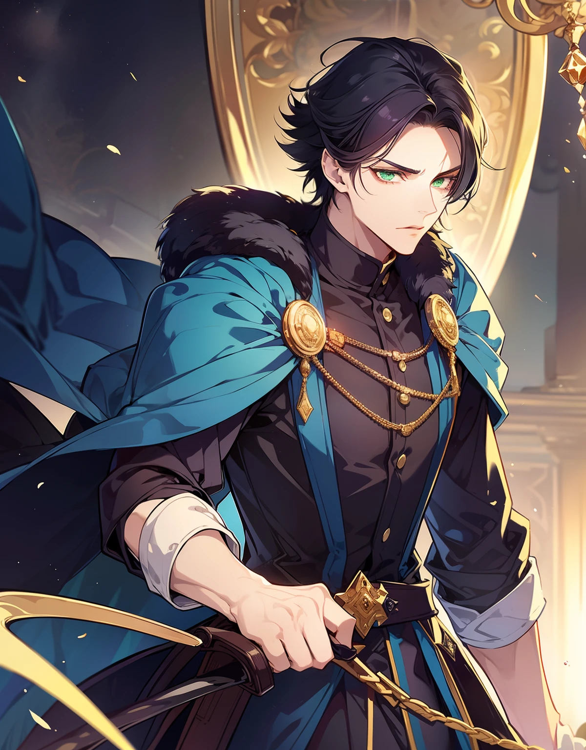 a young man in a regal and powerful pose. The character stands amidst swirling ashes, exuding an aura of strength and authority. With a crown atop his head, he radiates the confidence of a true king. In one hand, he grips a gleaming sword, a symbol of his prowess and leadership. A crow perches on his outstretched arm, a loyal companion that adds an air of mystery to his character. His black hair cascades down his shoulders, framing his determined and intense expression. His piercing green eyes are filled with a mix of determination and wisdom. The art style should capture his badass nature while maintaining an air of royalty and power.