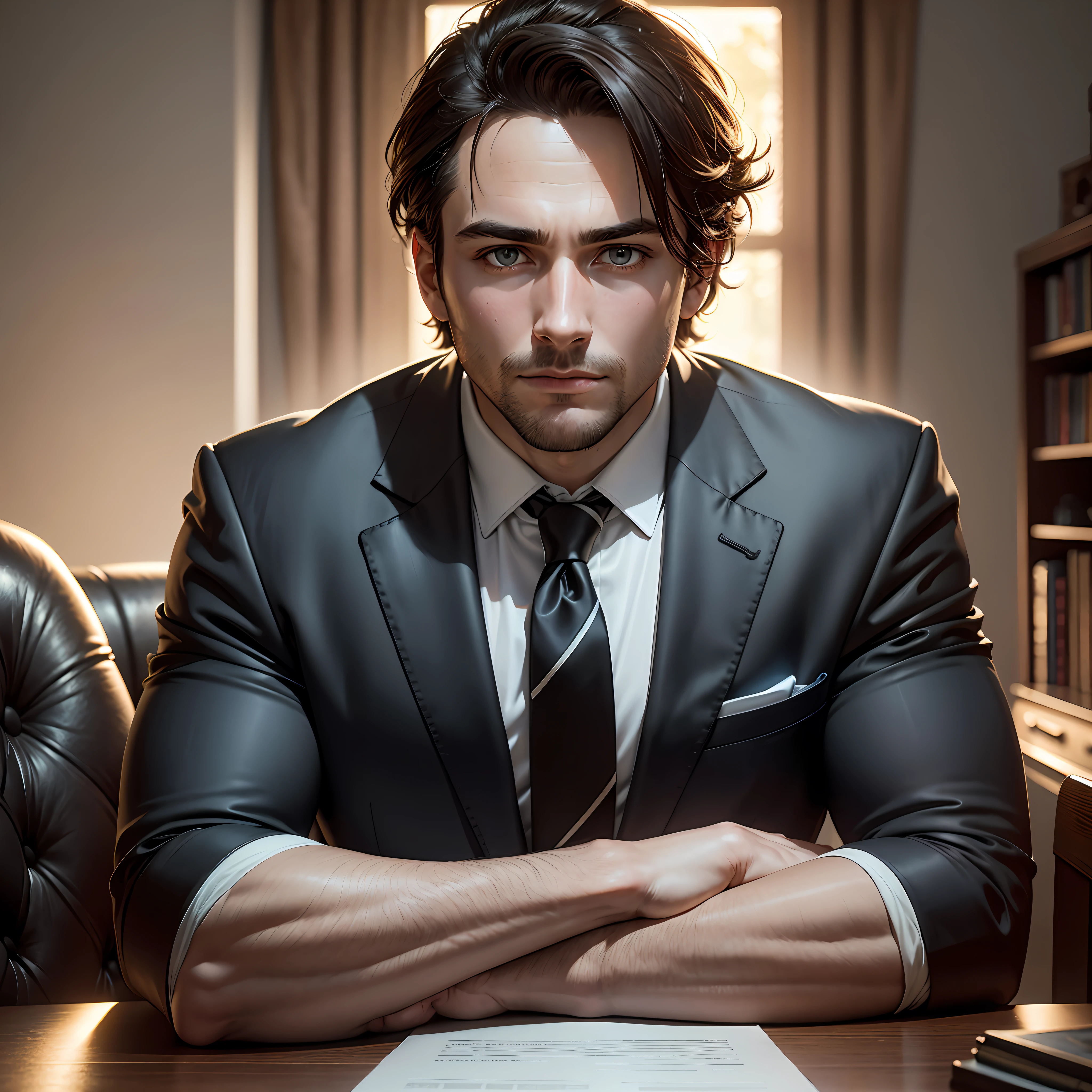 Portrait of a 30-year-old man in suit and tie sitting on a black leather chair, with his arms on the table, Office, body and head straight in the photo and facing the viewer of the photo, Office, eyes staring at the lens, appears shoulders and head in the photo, man centered in the photo, blurred background, 8k, best quality, masterpiece, realistic, realistic photo, movie photo, ultra realistic, 1 person, detailed, perfect lighting, DSRL, professional photo, 4k.