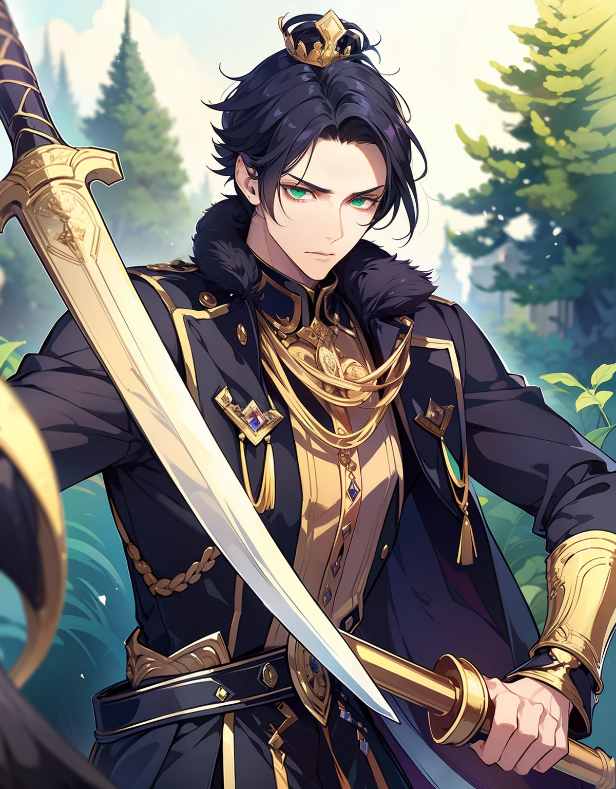 a young man in a regal and powerful pose. The character stands amidst swirling ashes, exuding an aura of strength and authority. With a crown atop his head, he radiates the confidence of a true king. In one hand, he grips a gleaming sword, a symbol of his prowess and leadership. A crow perches on his outstretched arm, a loyal companion that adds an air of mystery to his character. His black hair cascades down his shoulders, framing his determined and intense expression. His piercing green eyes are filled with a mix of determination and wisdom. The art style should capture his badass nature while maintaining an air of royalty and power.