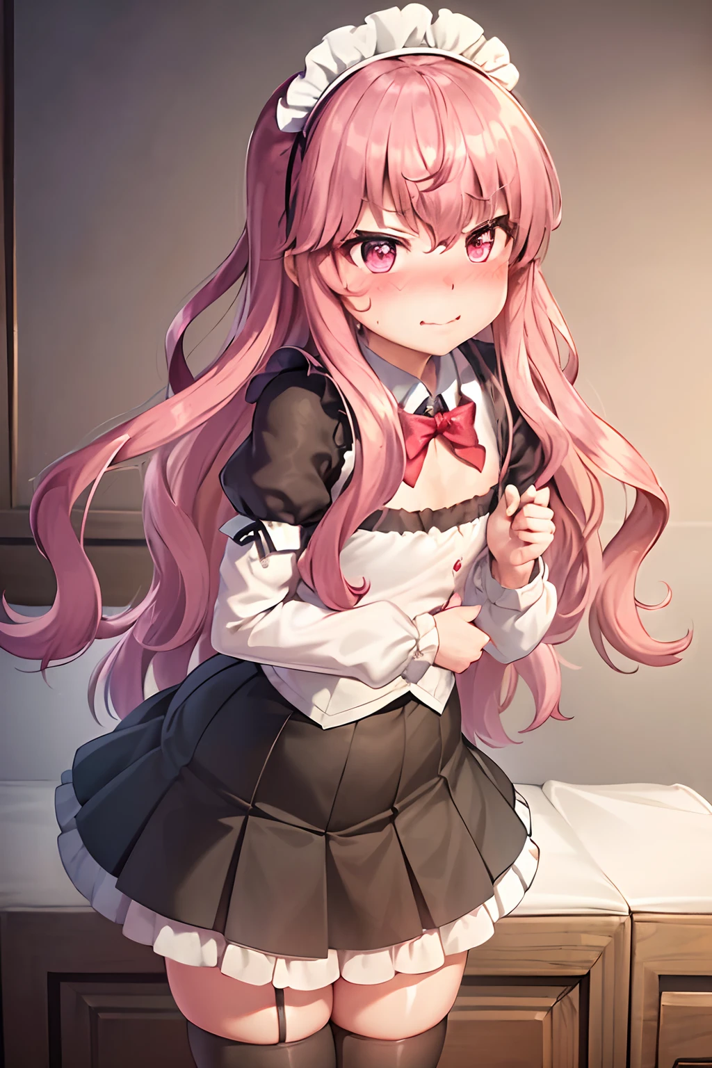 1girl, embarrassed, (forced smile:1.1), (blush:1.3), (nose blush:1.3), (full-face blush:1.3), v, sexy maid, stockings, (looking to the side :1.7), see-through clothes, navel, short skirt, see-through camisole, flat chest, petite, masterpiece, high quality, highres, absurdres, detailed face features, cinematic lights, indoors