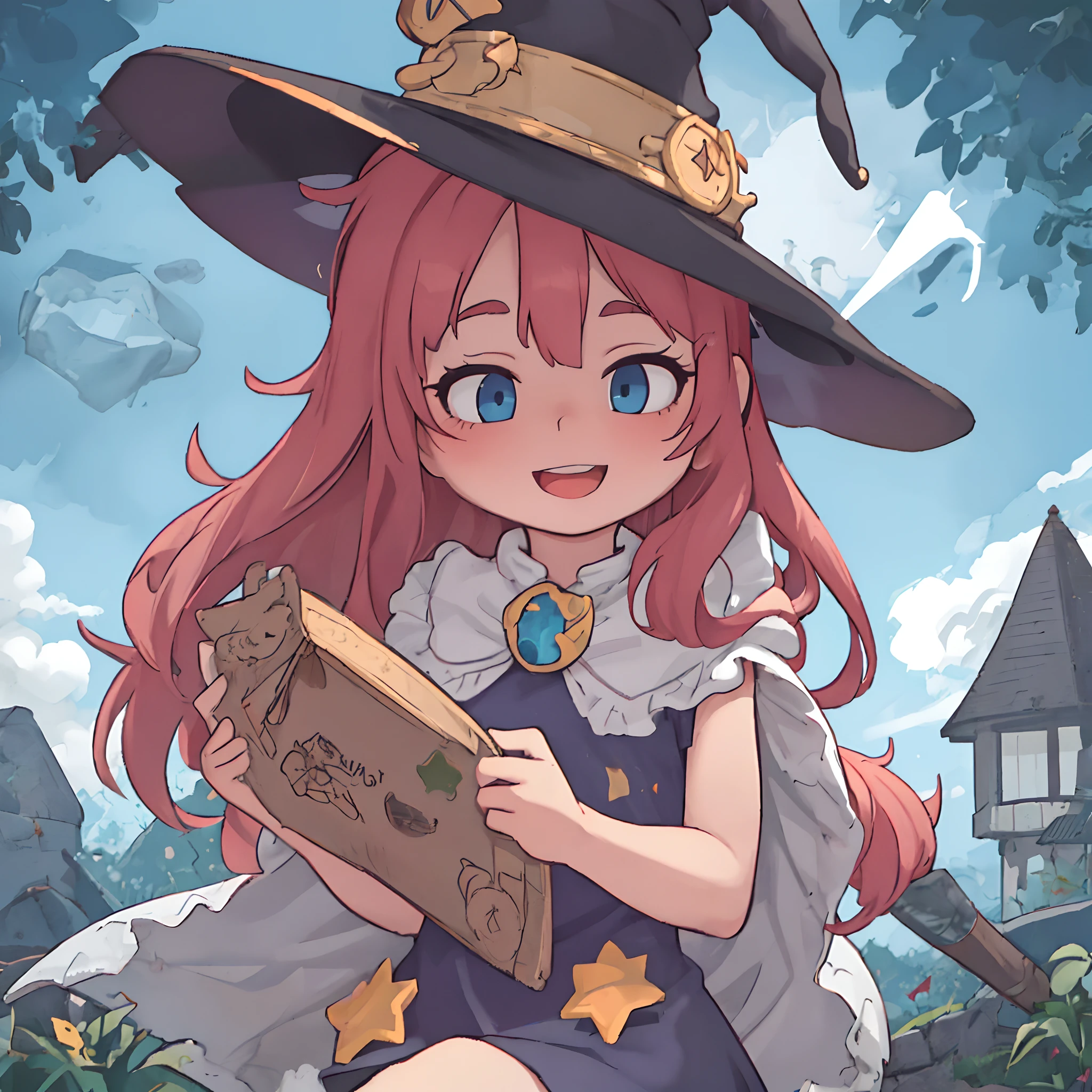 masterpiece, best quality,
blue sky,
cute,
1girl, upper body, happy,
witch hat, purple hat, big hat, star print, witch, dress, (pink dress:0.7), star print dress, (light brown hair:1.1), (wavy hair, long hair:0.5), (pink capelet:0.6), (purple dress:0.5),