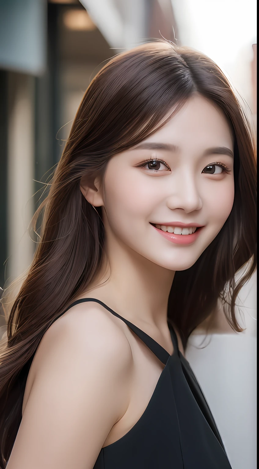 ((Best quality, 8k, Masterpiece :1.3)), 1girl, smiling, full body, slim face, Pretty woman, (Dark brown hair), full length dress :1.1, Ultra-detailed face, Detailed eyes, Double eyelid, blur background, slim face, city, outside, street,
