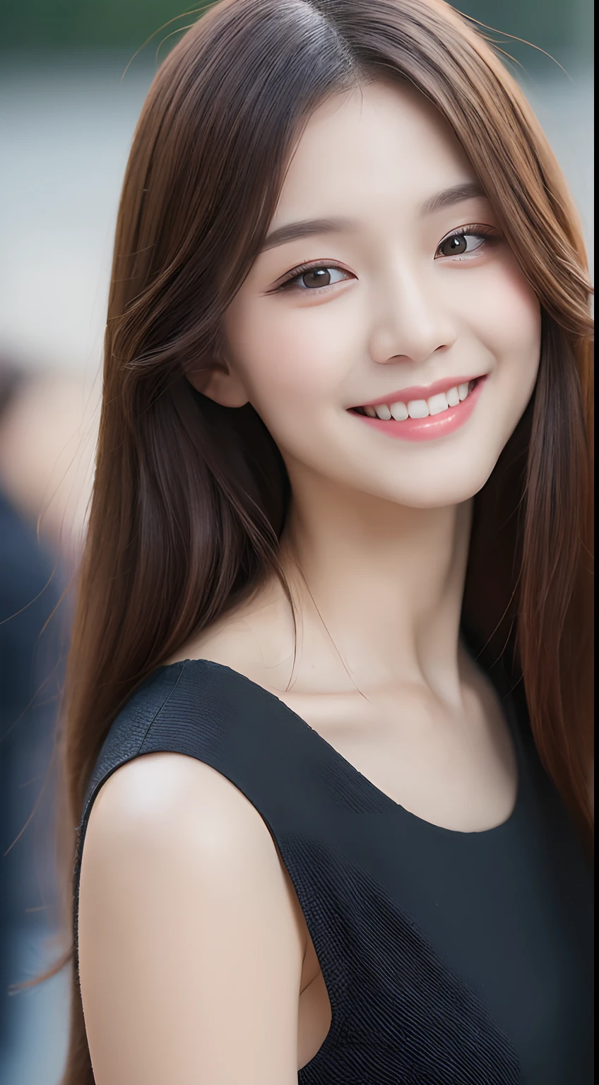 ((Best quality, 8k, Masterpiece :1.3)), 1girl, smiling, full body, slim face, Pretty woman, (Dark brown hair), full length dress :1.1, Ultra-detailed face, Detailed eyes, Double eyelid, blur background, slim face, city, outside, street,
