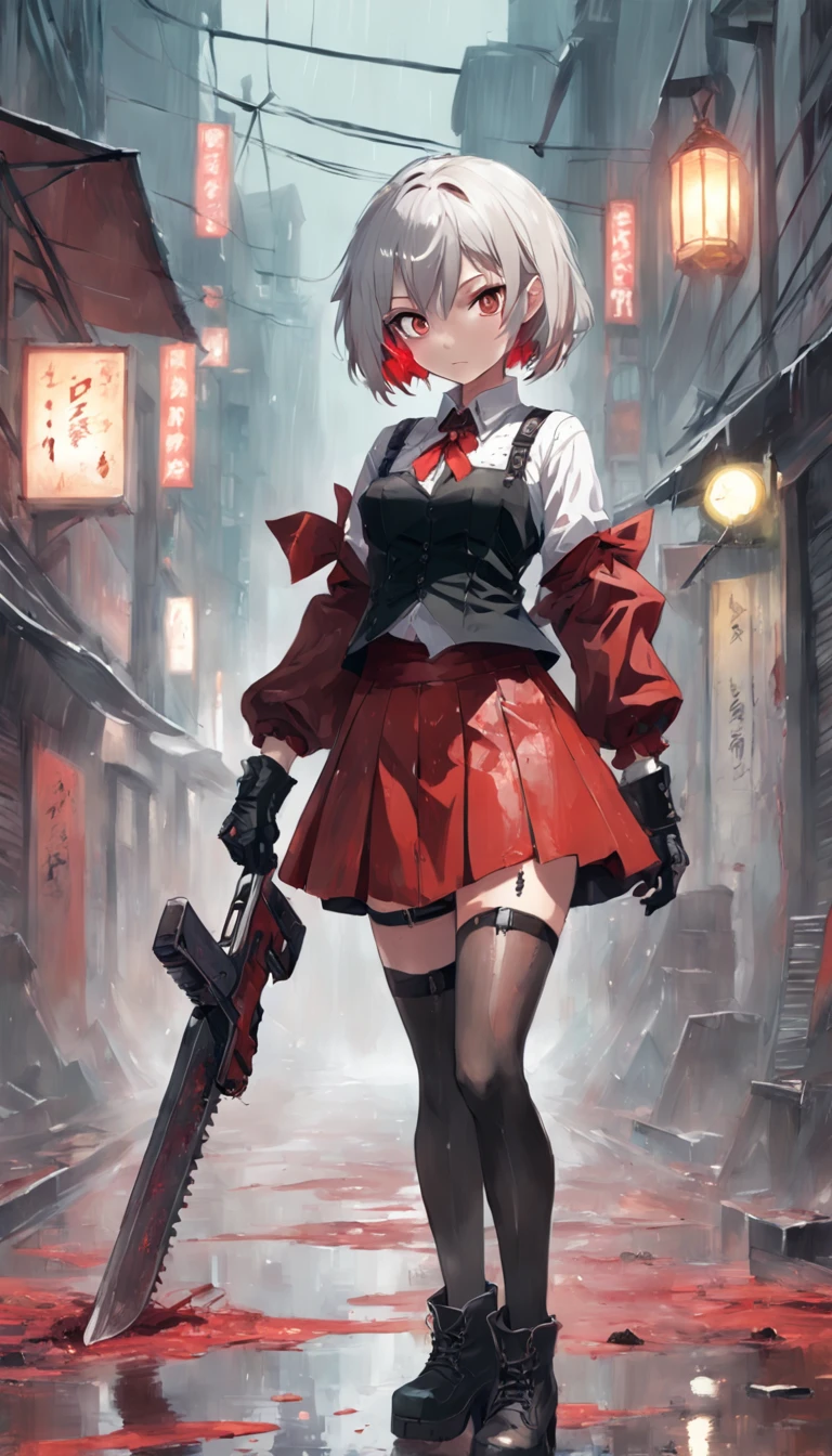 a cute girl holding a chainsaw with both hands, wearing a red miniskirt,black tights,combat boots,a red steampunk corset,white blouse,blood stained clothes,green eyes,inverted bob hairstyle,silver hair,tokyo street in the background,raining,pudle,32k,anime style, cinematic, sharp focus, by pascal blanche rutkowski repin artstation hyperrealism painting concept art of detailed character