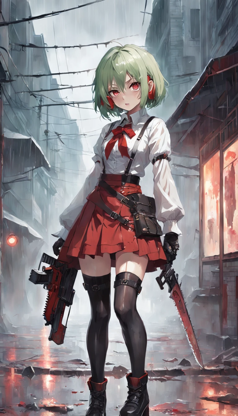 a cute girl holding a chainsaw with both hands, wearing a red miniskirt,black tights,combat boots,a red steampunk corset,white blouse,blood stained clothes,green eyes,inverted bob hairstyle,silver hair,tokyo street in the background,raining,pudle,32k,anime style, cinematic, sharp focus, by pascal blanche rutkowski repin artstation hyperrealism painting concept art of detailed character