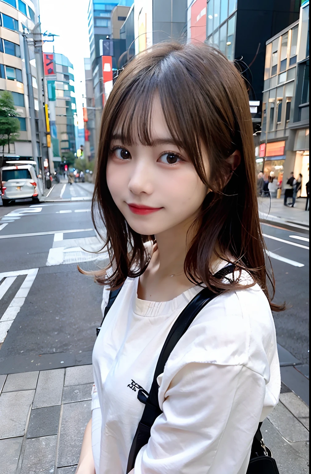 1人、Tokyo Street、daytime、A city scape、city light、The upper part of the body、a closeup、a smile、kawaii