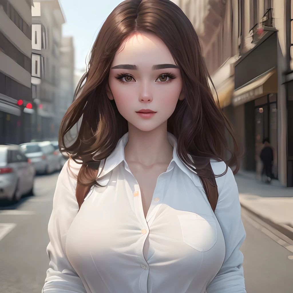 ((Best quality, 8k, Masterpiece :1.3)), Sharp focus :1.2, A pretty woman with perfect figure :1.4, Slender abs :1.2, ((Dark brown hair, Big breasts :1.2)), (White button up long shirt :1.1), City street:1.2, Highly detailed face and skin texture, Detailed eyes, Double eyelid