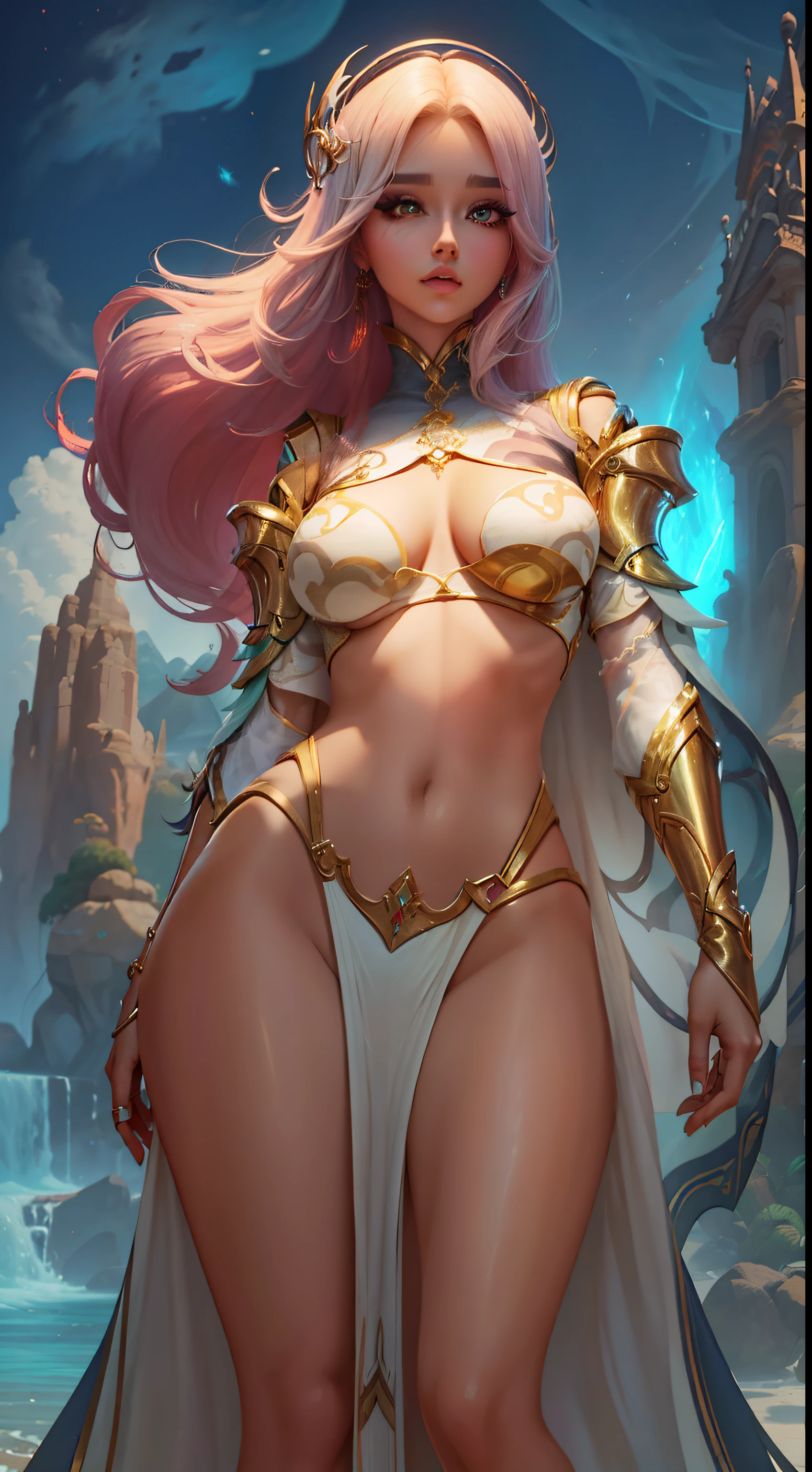 Retrato, (corpo inteiro), 1 mulher gostosa, sexy, com rosto angelical, (detailed facial features), com cabelos longos, corpo escultural, usando uma fantasia sexy, estilo league of legends, estilo perfeito, (em um reino ancantado), magia, foto realista, melhor qualidade, 8K resolution, hdr, foto de corpo inteiro,