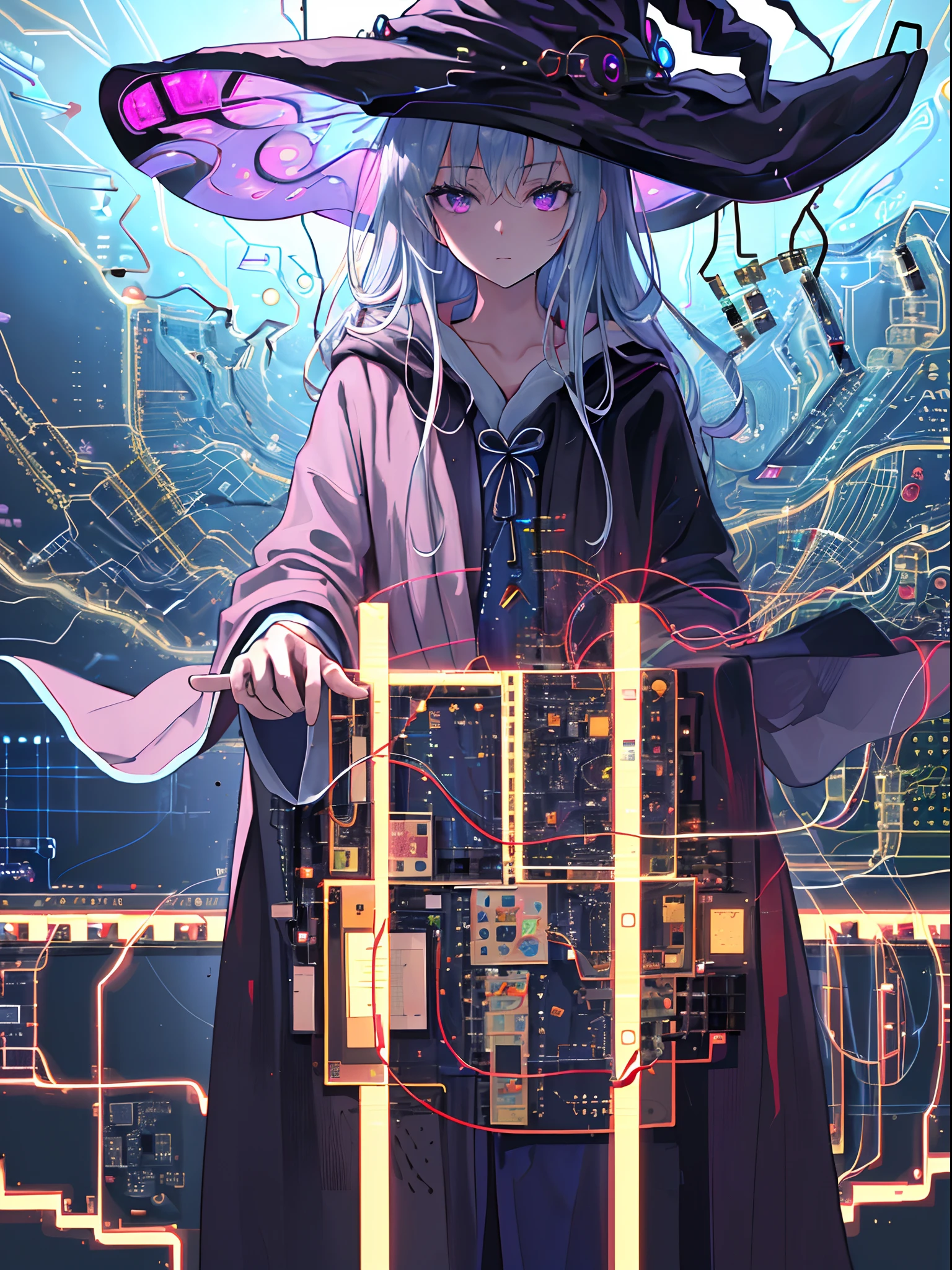 The electronic witch looks into the world. All the information that constantly flows through her. (Wearing Witch Hat and robe with electronic circuit pattern:1.5), hyper real, rich colored, black based detailed delicate cell anime work, Glossy highlights that look like wet, (Best quality), (masterpiece:1.3), ultra-detailed, (realistic), (photorealistic), , Modest exposure,