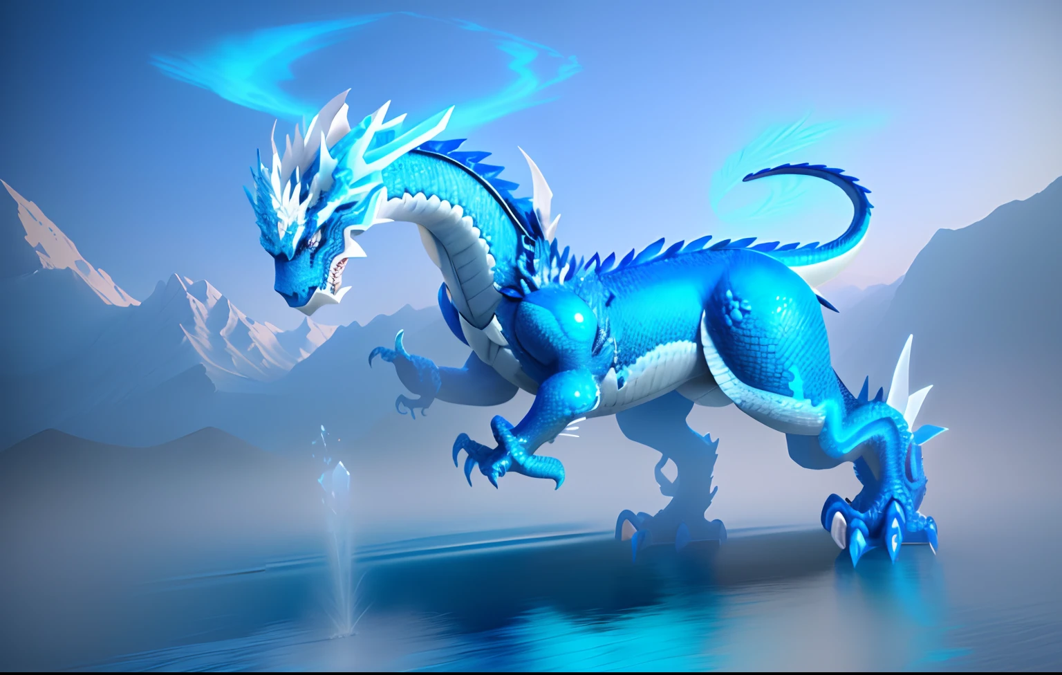 There is a blue dragon with white wings flying in the sky...., cyan chinese dragon fantasy, dragon inspired blue armor, frost dragon, blue scaled dragon, crystal dragon, chinese dragon concept art, blue dragon, depicted as a 3 d render, smooth chinese dragon, legendary dragon, frostbite 3 rendered, lung dragon, water dragon, blue fire powers, Blue Desinn
