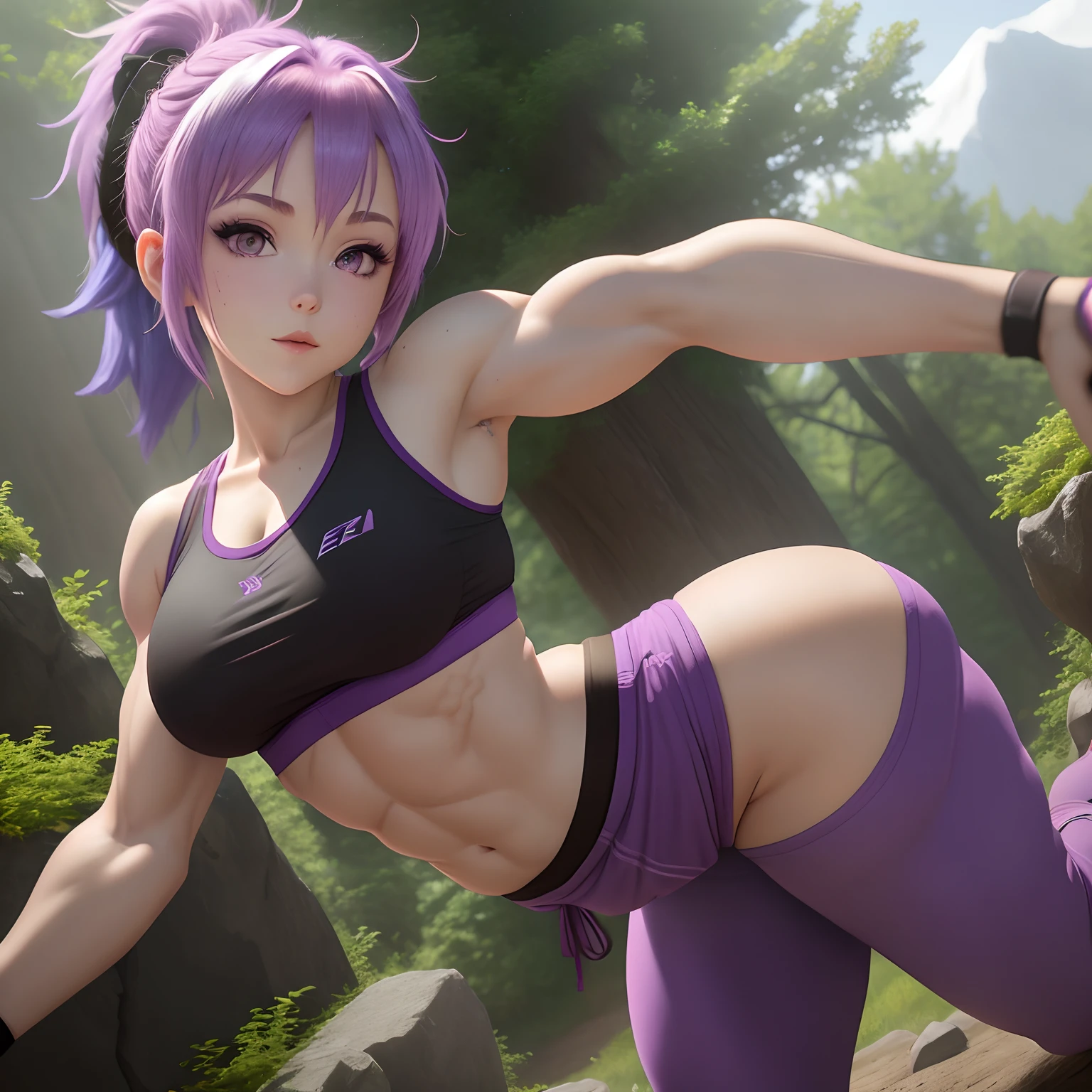 Aelita Royer, Purple hair, Purple eyes, Purple ponytail, Black sweat pants, Buff, Muscle shirt, Pink muscle shirt, Anime, Female, Futanari, Cute, Forest