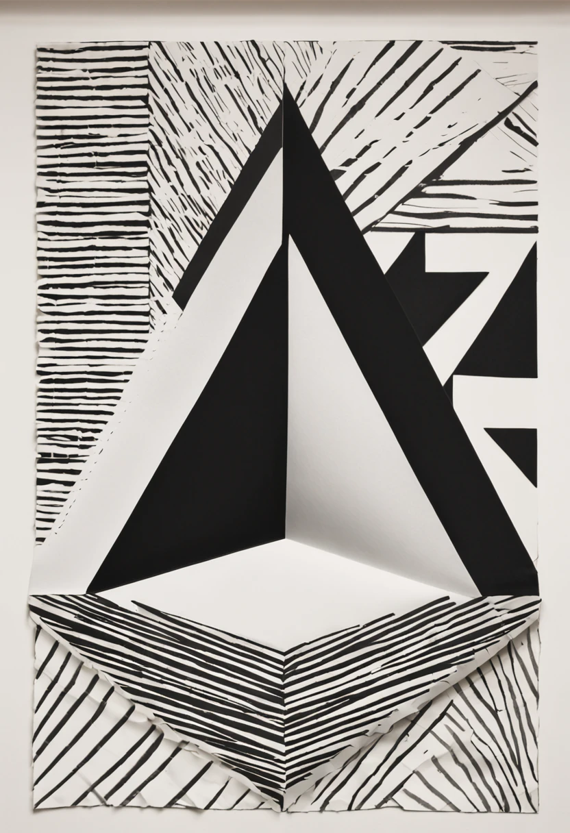 a black and white drawing of a triangle with a line of lines, 2014, 2 0 1 4, black ink on textured paper, diagonal strokes, 2013, inspired by Josse Lieferinxe, dazzle camouflage, 2 0 1 5, 2015, inspired by Hermann Rüdisühli, sharp irregular shapes