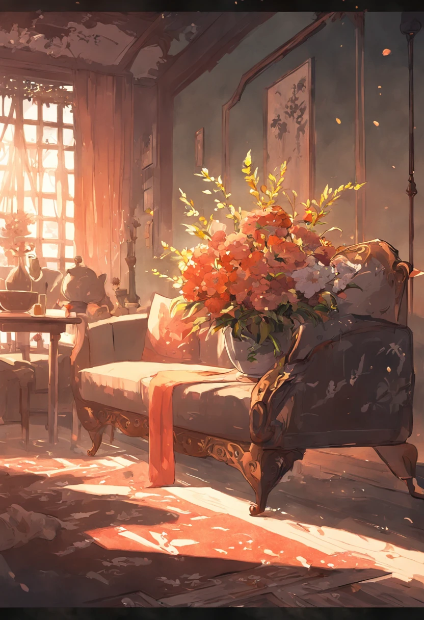 Sunlight, Gloomy room, Wilted flowers are placed on the coffee table on the vase, Shabby sofa East Asian style