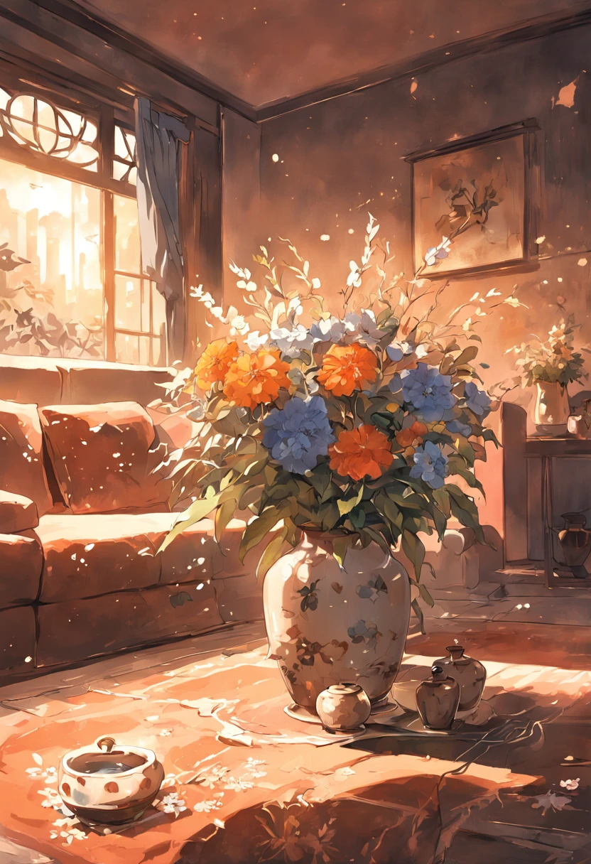 Sunlight, Gloomy room, Wilted flowers are placed on the coffee table on the vase, Shabby sofa East Asian style