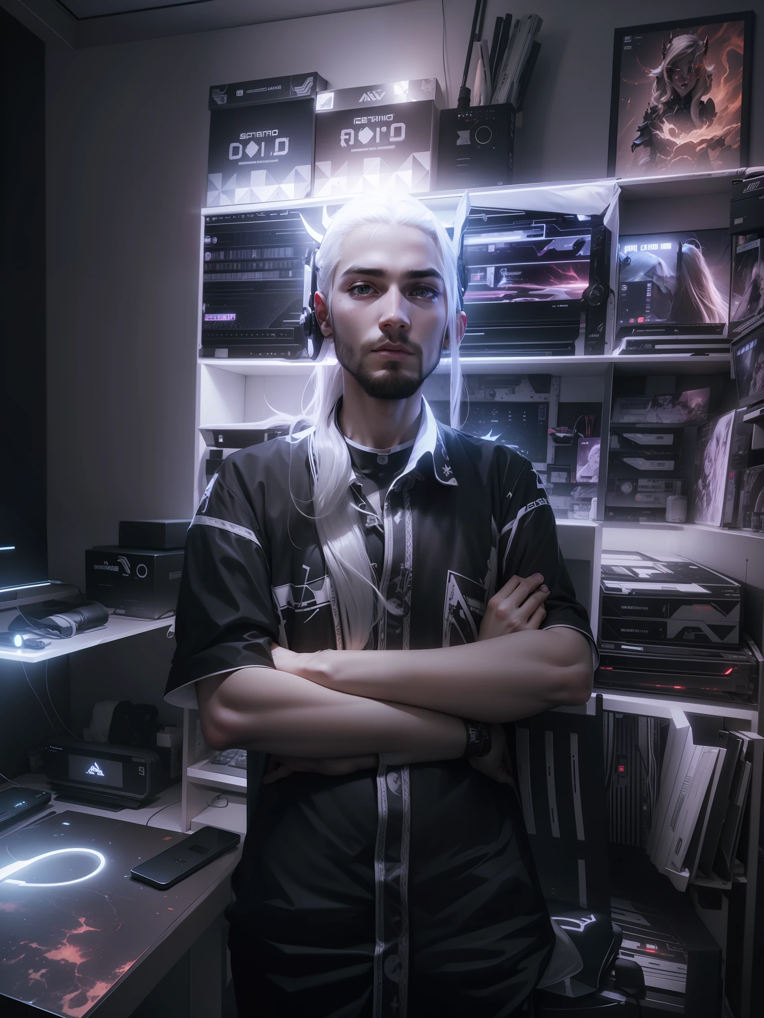 Long hair, white face, gaming lighting dress, background gaming and lighting, 8k, quality download