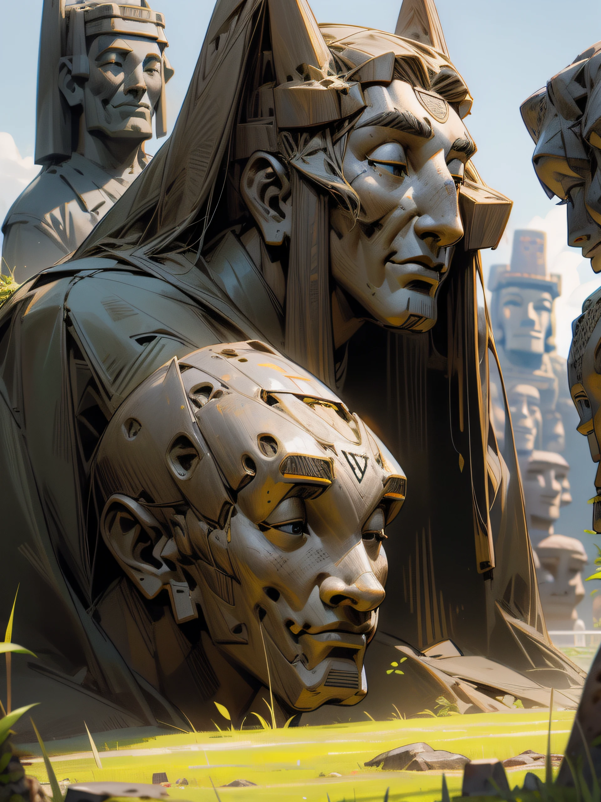 a close up of a group of moai statues on a grassy hill, giant moai statues, moai, ancient alien head stone statues, moai statue giving a ted talk, giant head statue ruins, large stone statues of heroes, stone statues, huge and megalithic, by Joseph Werner, many stone statues, menacing statues, megaliths