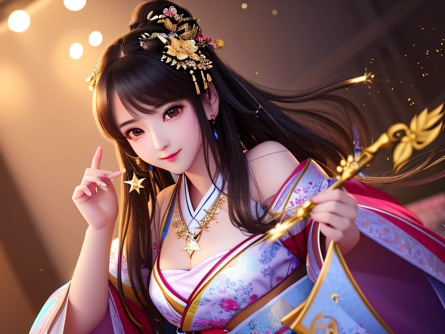 best quality, masterpiece, highres, 1girl,blush,(seductive smile:0.8),star-shaped pupils,china hanfu,hair ornament,necklace, jewelry,Beautiful face,upon_body, tyndall effect,photorealistic, dark studio, rim lighting, two tone lighting,(high detailed skin:1.2), 8k uhd, dslr, soft lighting, high quality, volumetric lighting, candid, Photograph, high resolution, 4k, 8k, Bokeh