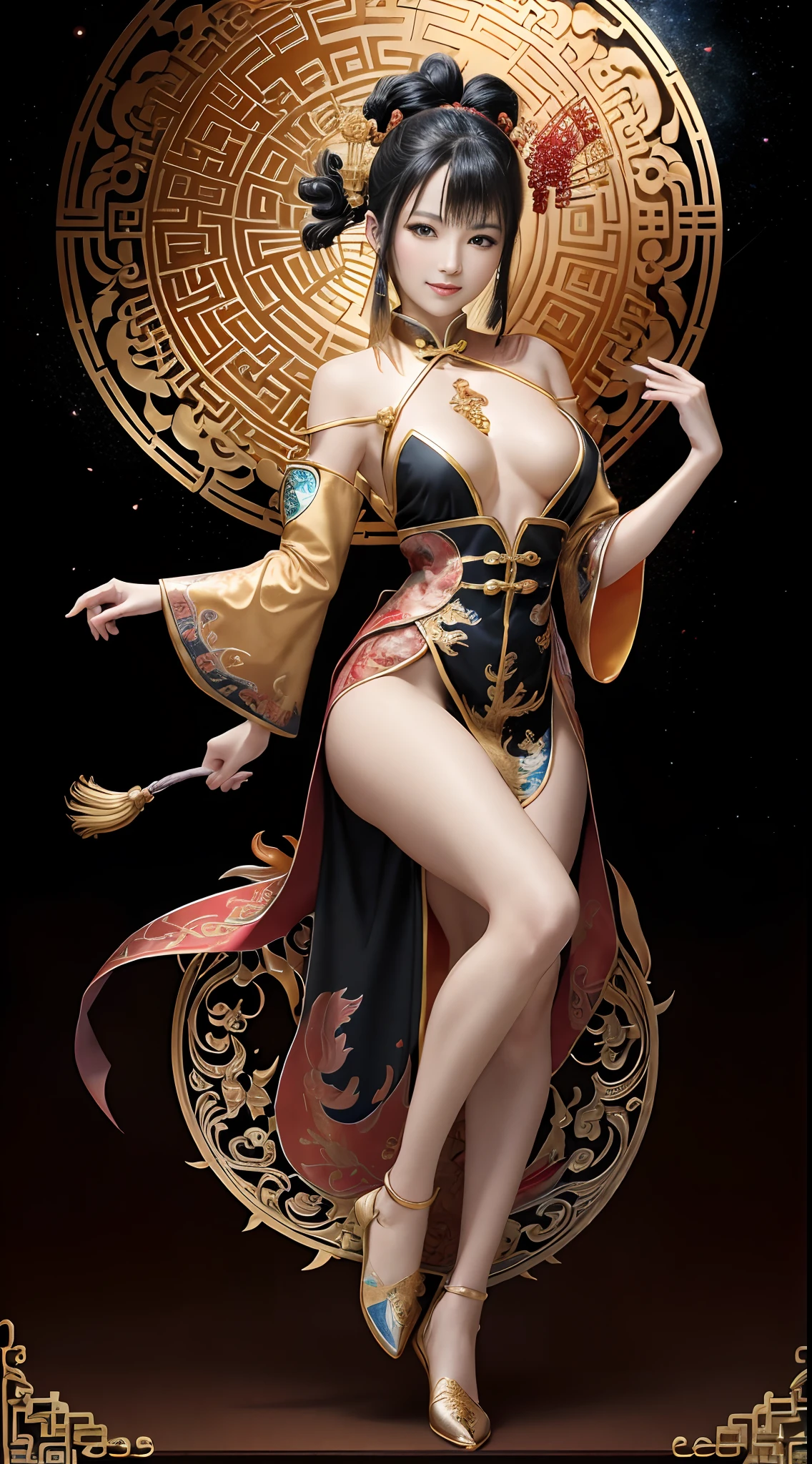 (Masterpiece, Top Quality, Best Quality, Ultimate Detail, Highest Detail, Official Art, Beauty & Aesthetics: 1.2), Golden Ratio, Full Composition, official art, Unity 8k wallpaper, super detailed, beautiful, masterpiece, best quality, (fractal art: 1.4), (character center: 1.3), exposed thighs, exposed beautiful pubic hair, 1 girl, shocking domineering Chinese dragon, detailed tap, black hair, long ponytail, Chinese, very detailed, dynamic angle, full body, (most beautiful form of chaos), ethereal, (bright colors) , OC, (half: 1.2), (Thangka Feitian: 1.5), (Ribbon: 1.3), (Dream: 1.5), Chinese Dragon, Chinese Phoenix, (Smile: 0.5), (Chinese God), crystallineAI, from below, naked,in the cosmos