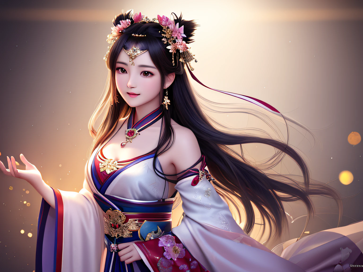 best quality, masterpiece, highres, 1girl,blush,(seductive smile:0.8),star-shaped pupils,china hanfu,hair ornament,necklace, jewelry,Beautiful face,upon_body, tyndall effect,photorealistic, dark studio, rim lighting, two tone lighting,(high detailed skin:1.2), 8k uhd, dslr, soft lighting, high quality, volumetric lighting, candid, Photograph, high resolution, 4k, 8k, Bokeh