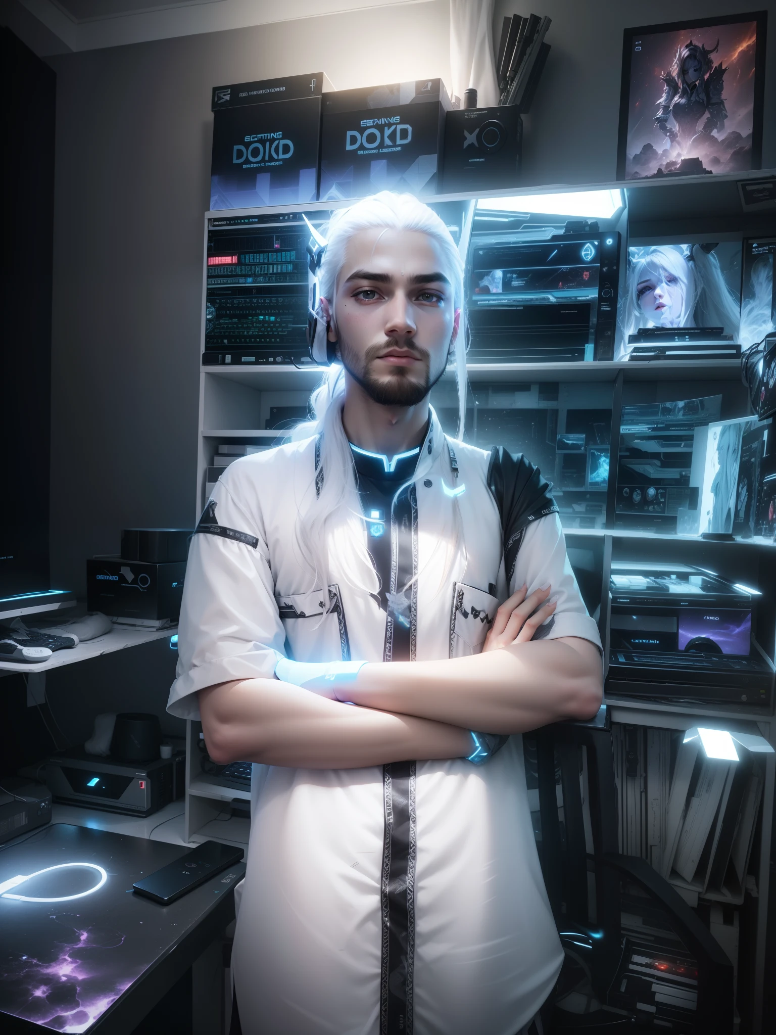 Long hair, white face, gaming lighting dress, background gaming and lighting, 8k, quality download