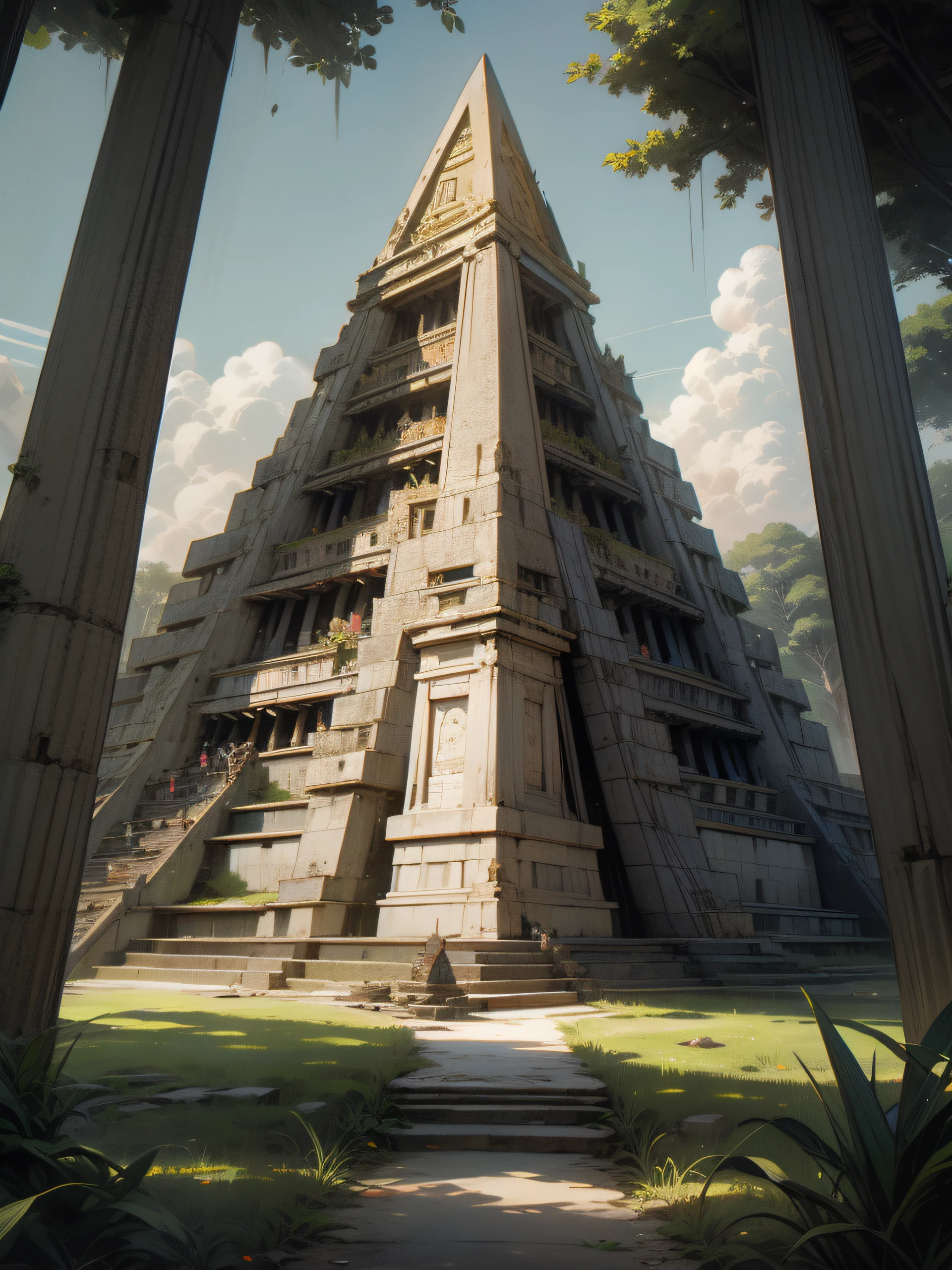 arafed view of a pyramid in a grassy area, pyramid surrounded with greenery, maya temples, aztec architecture, mayan temple in the jungle, ancient megastructure pyramid, mayan style, pyramid in background, temple of the sun, classic mayan mythology, lost world pyramid, brutalist aztec architecture, ancient pyramid, mayan, pyramid, sacred ancient architecture