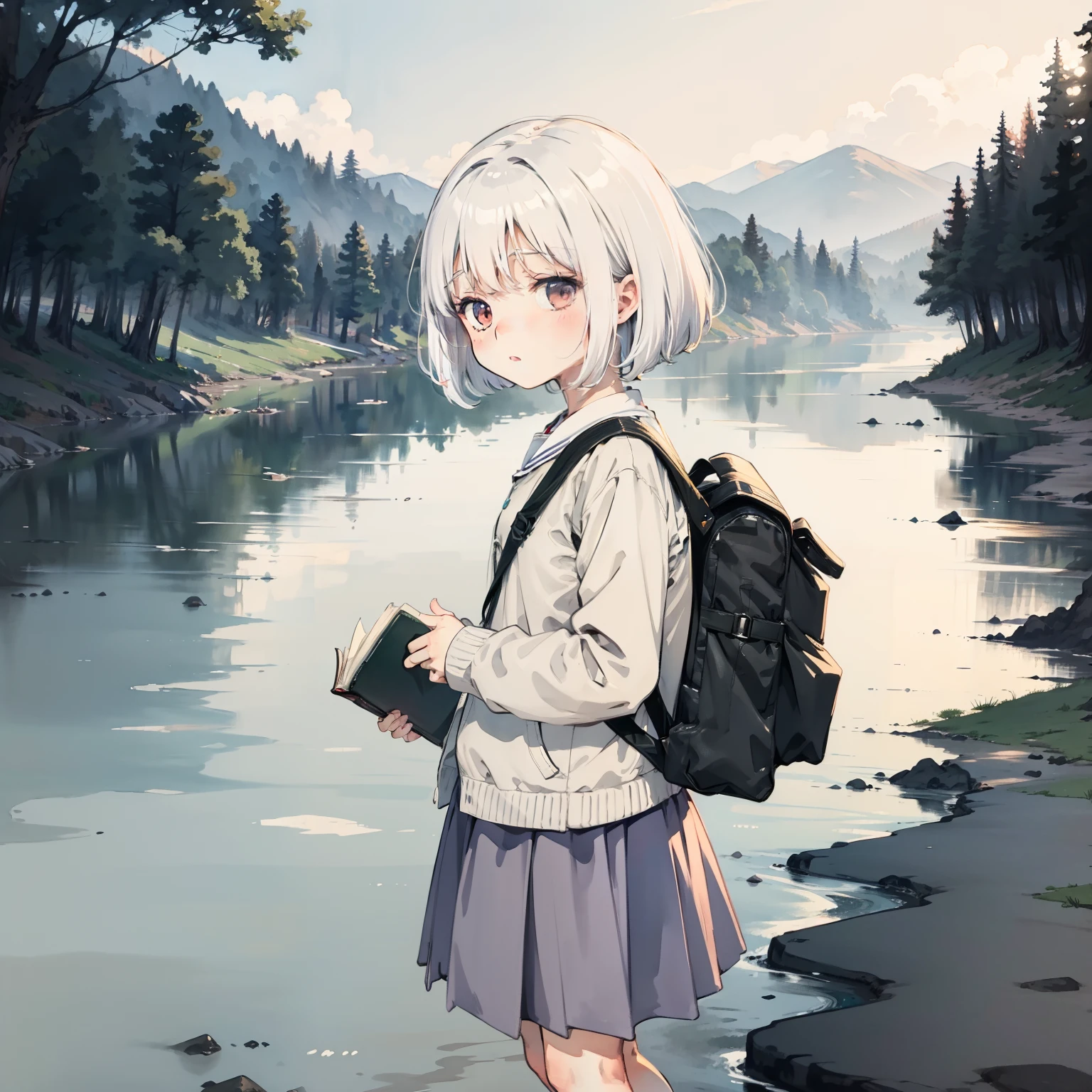 Watercolor illustration, Perfect anatomy, Masterpiece, Best quality, 1girll, ,elementary student, Solo, (with short white hair:1.2), Elementary School Uniform, bookbag,Nature, during night, stands aside the river, landscape