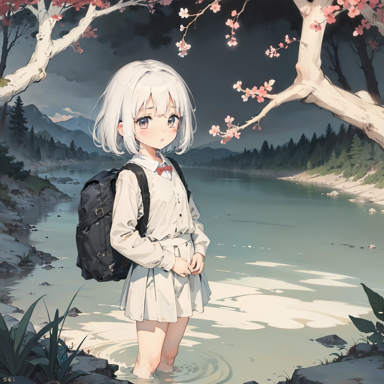 Watercolor illustration, Perfect anatomy, Masterpiece, Best quality, 1girll, Loli,elementary student， Solo, (with short white hair:1.2), Elementary School Uniform, bookbag，Nature, during night,  stands aside the river, landscape