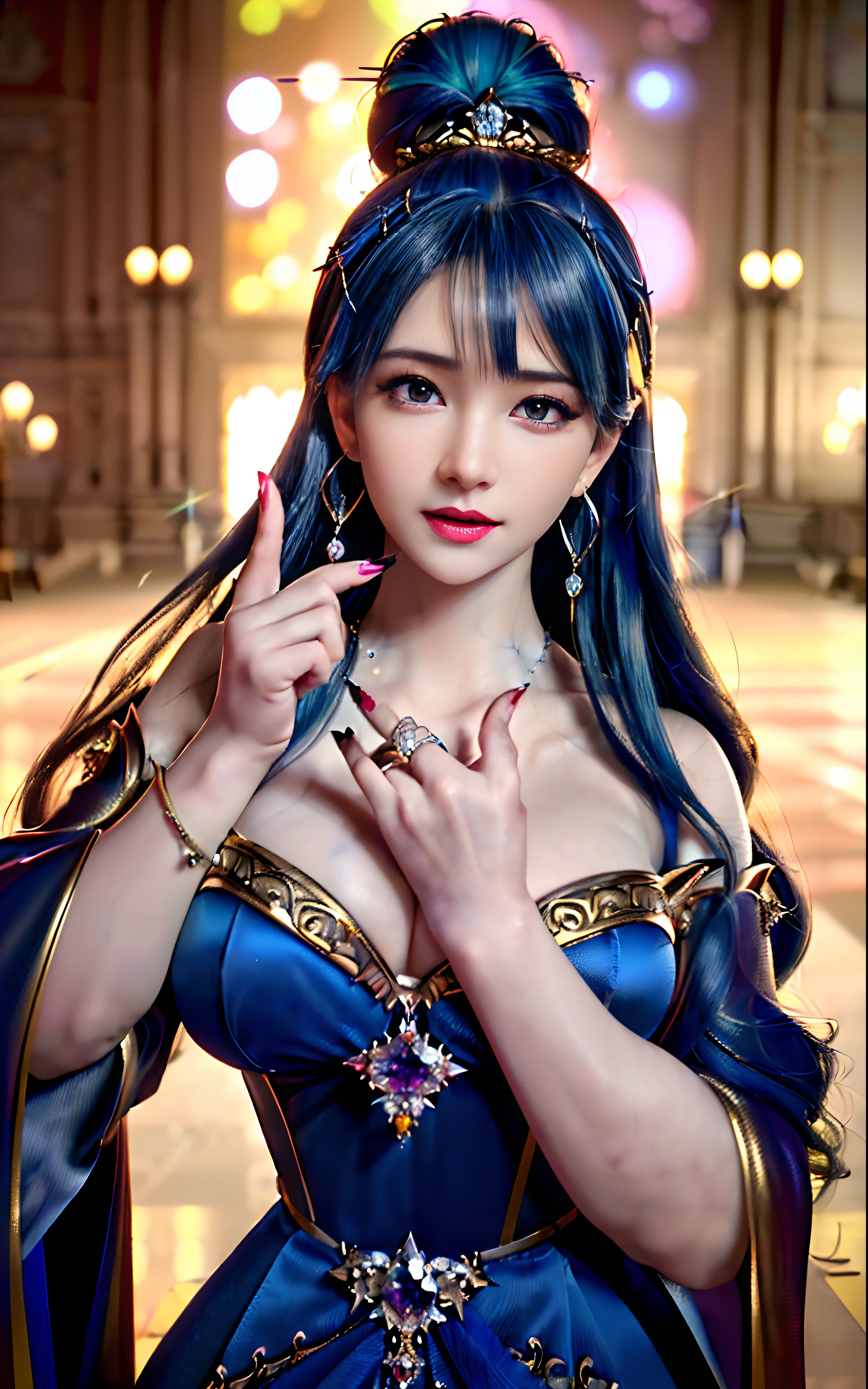 ((realisticity: 1.2)), ((realistic: 8K UHD)), ((best resolution: 8K UHD)), hyper detailed, best quality,masterpiece,highres,cg, ((1 girl hyper detailed and hyper realistic) ) , ((beautiful queen, hyper realistic and hyper detailed)),((white skin, beautiful, smooth, youthful, hyper realistic and hyper detailed )), ((Face hyper beautiful, white, hyper realistic and hyper detailed ) ), long hair, ((hyper realistic and hyper detailed dress)), solo, ((hyper realistic, hyper beautiful, beautiful and hyper detailed jewelry)), ((hyper beautiful deep red and golden yellow dress, hyper realistic and hyper detailed )) , ((Her pretty, hyper realistic, hyper detailed diamond filled earrings)), ((Her gorgeous diamond haircut, hyper realistic and hyper detailed)), ((hyper pretty upper body, hyper beautiful, hyper realistic and hyper detailed) ), ((medium breast: 1.1)), ((hyper realistic, hyper pretty, hyper detailed boobs)), ((the backgroun of the royal palace is hyper majestic, hyper realistic and hyper detailed)),((hands and palms hyper beautiful, hyper detailed, hyper realistic)), ((hyper detailed and hyper realistic fingers and fingernails)), ((hyper pretty fingernails, hyper vivid, hyper detailed, hyper realistic)), ((thumb, index finger, middle finger, ring finger, little finger hyper vivid, hyper pretty, hyper detailed, hyper realistic)), ((hyper beautiful fingers, hyper detailed, and hyper realistic)), ((posture not too fat and not too thin, hyper realistic, hyper detail)), ((hyper pretty, hyper pretty, hyper realistic and hyper detailed hair bun)), ((hyper pretty , hyper realistic and hyper detailed blue hair)), candid, Photo, high resolution, 8k , bokeh,