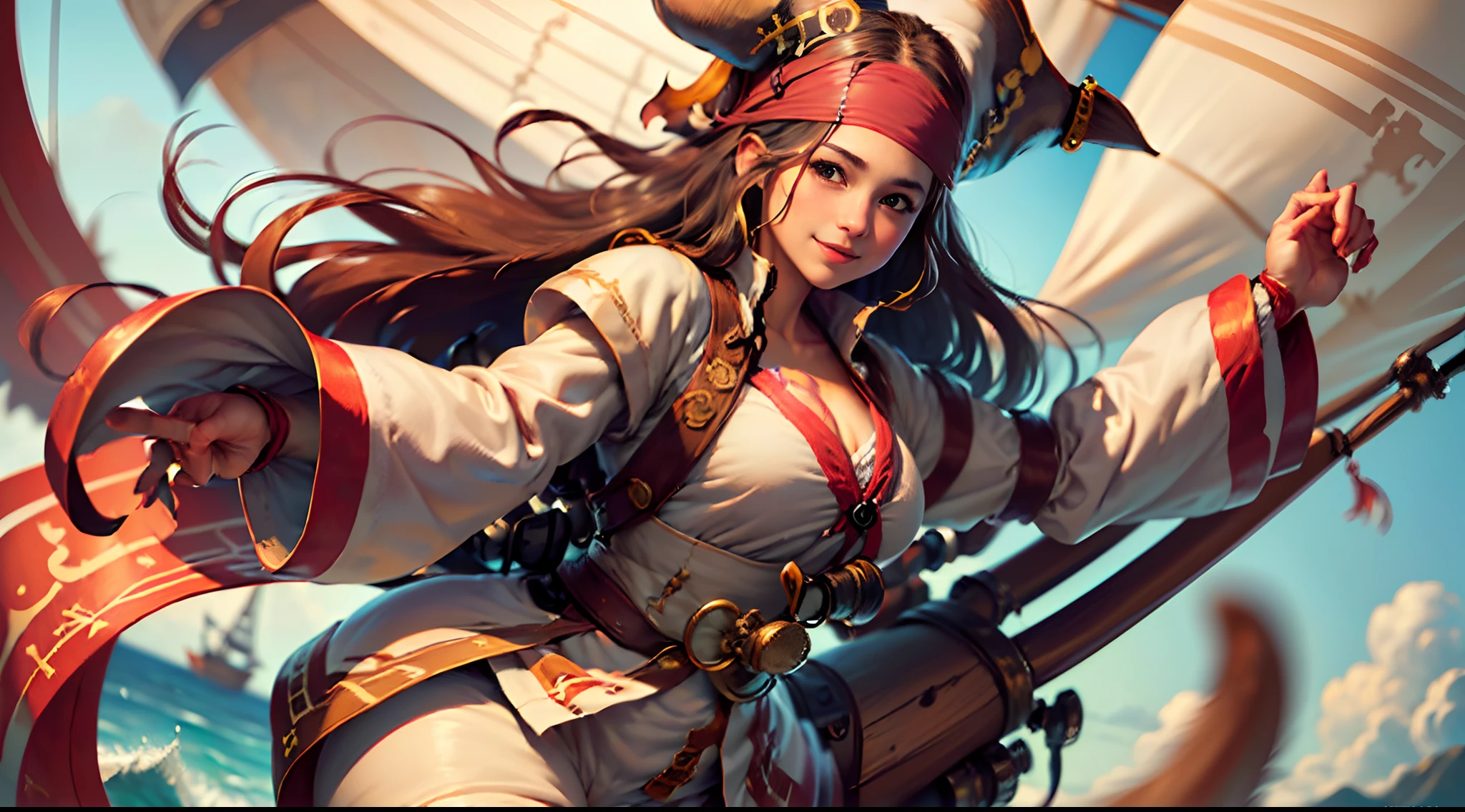 1 girl, blonde hair, long hair, (((pirate outfit))), (thick thighs), (wide hips), brown eyes, warm lighting, night, on pirate ship, open ocean, (medium boobs), carefree, happy, wide smile, (((blush))), (((drunk))), (((masterpiece))), (((best quality))), ((ultra-detailed)), (illustration), ((an extremely delicate and beautiful)), (super high resolution, best quality, ), (8k, raw photo, best quality, masterpiece), best quality, masterpiece, illustration, CG, unity, background, official art, Amazing, finely detailed, extremely delicate and beautiful, extremely detailed, very detailed, sharp focus, rich background, ((a girl)) ((happy excited pirate captain)), ((pirate ship)) masterpiece, absurdres, intricate details, 1girl, solo, cowboy shot, pirate, pirate hat, eyepatch, medium breasts, ascot, shrug \(clothing\), white shirt, corset, frills, long sleeves, pants, skin tight, standing on ship, sail, ropes, looking at viewer, grin, black hair, long hair, floating hair