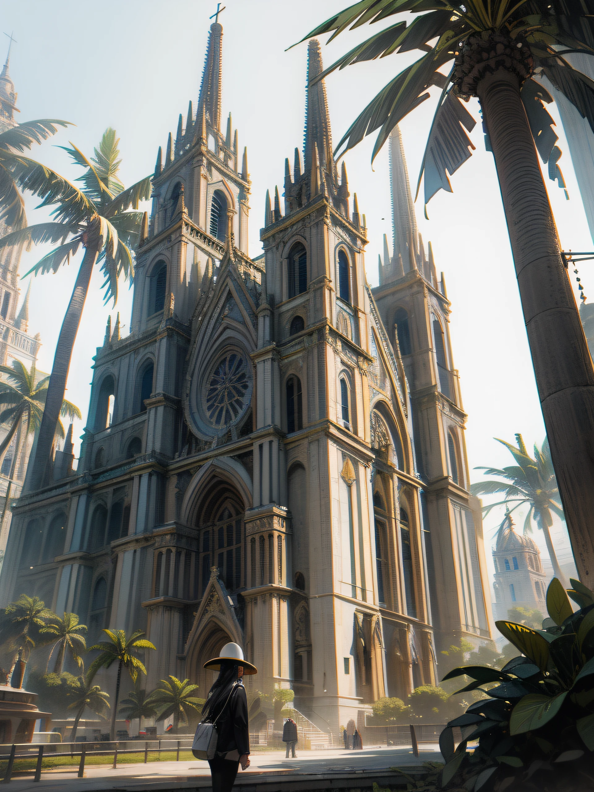 araful looking church with palm trees in front of it, downtown mexico, ancient catedral behind her, in a city with a rich history, cathedral in the background, mexico, whitewashed buildings, high quality image, cathedral, church cathedral, vibrant scene, historical setting, year 1506