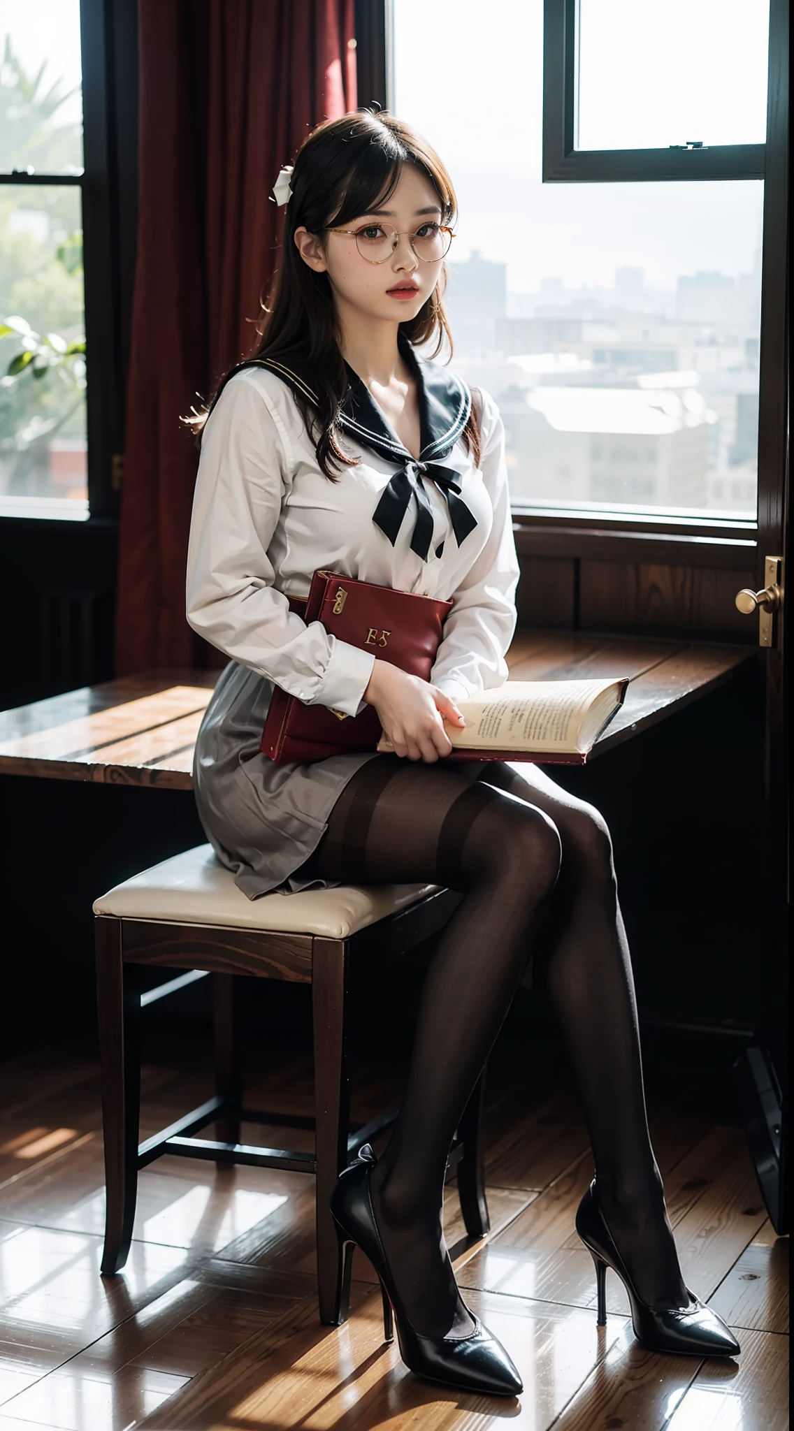 (full body:1.5),(1girl:1.45),(view the viewer:1.4),(anatomy correct:1.3),(Sitting on a turtle:1.2),(He wears large glasses and holds a book in his hand:1.15),(shy:1.15),(transparent Sailor dress with ribbons:1.2),(Tan Pantyhose:1.3),( Uniform high heels leather shoes with bows for female students:1.1),(Accurate and perfect face:1.3),hyper HD, Ray traching, reflective light, structurally correct, Award-Awarded, high detail, lighten shade contrast, Face lighting ,cinematic lighting, masterpiece, super detailing, high quality, high detail, best quality, 16k,High contrast,