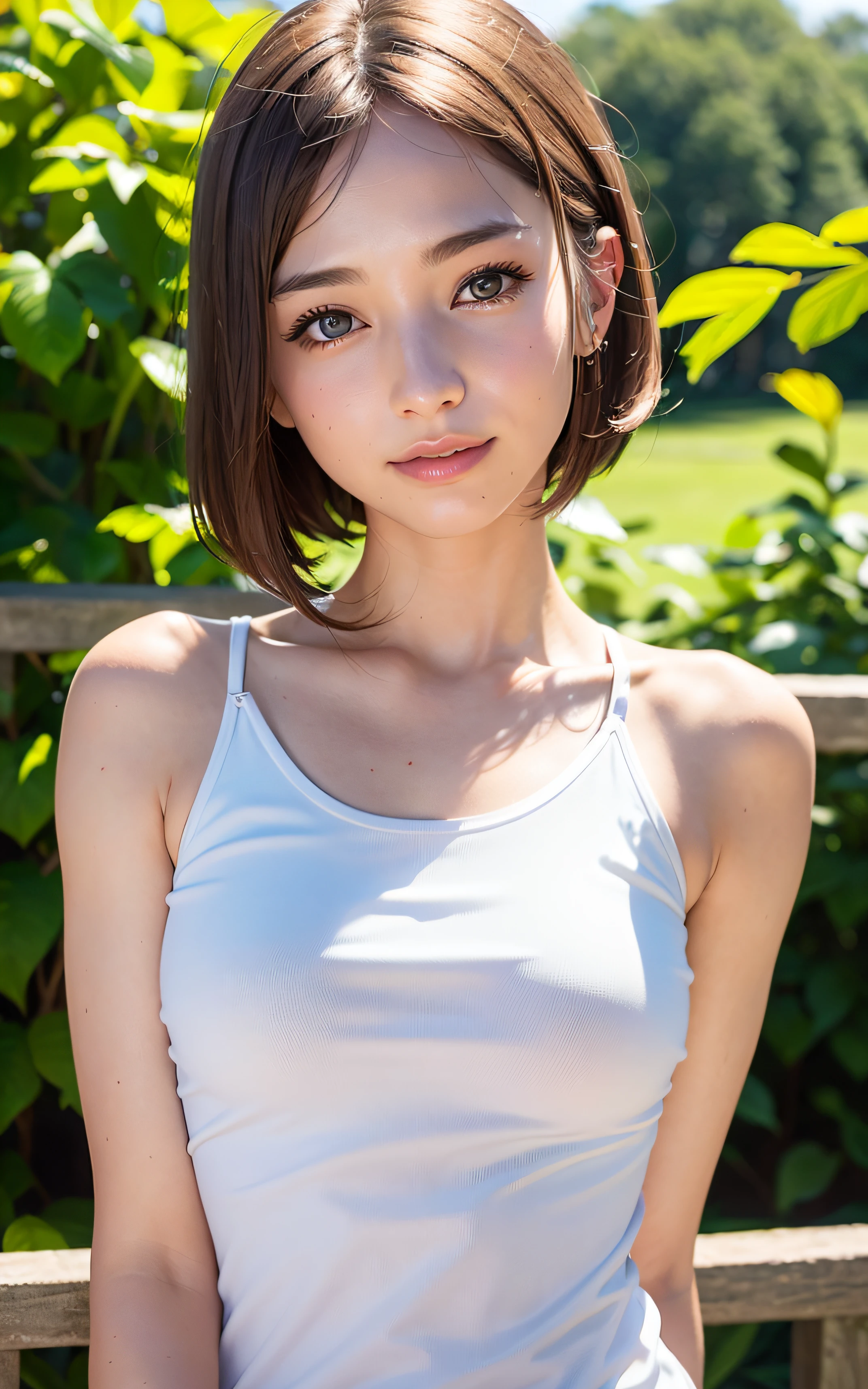 (Raw photo, Best Quality), (Realistic, Photorealsitic:1.3), masterpiece, Extremely delicate and beautiful, Soft light, (Brown hair, Short hair swaying in the wind, Bangs), Beautiful detailed girl, (Detailed fingers), extremely detailed eye and face, beautiful detailed nose, Beautiful detailed eyes, 1 girl, Japanese, Neat and clean beauty, Cute, 年轻, Smile, Tank top, Skirt, (Half body:1.3), (medium breasts), Realistic face, Realistic body, Outdoors