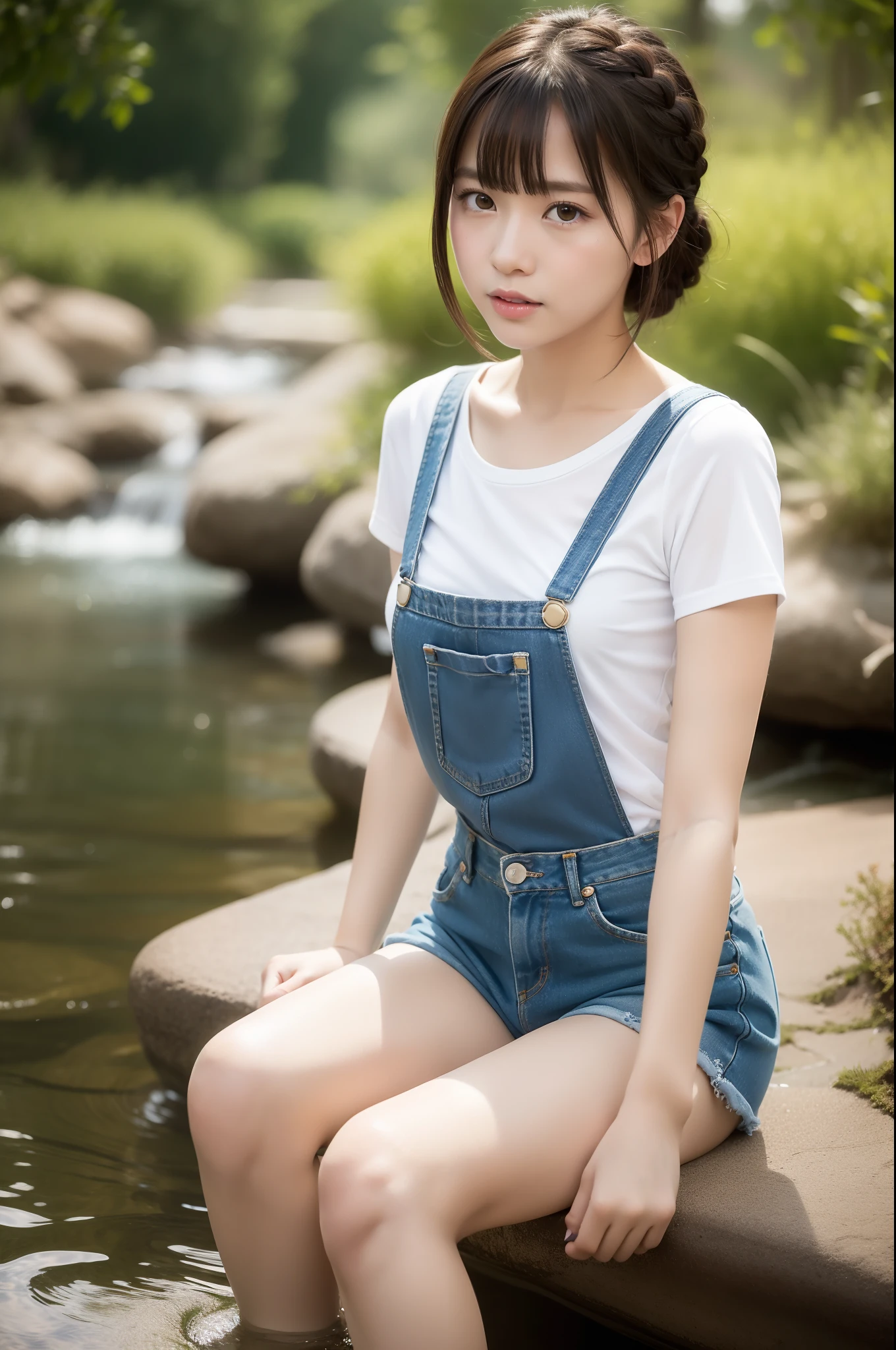 movie picture quality,Disney animation,Disney animated films,Little girl sitting by the stream,Fish jumping in the stream,Short hair and small braids,Denim suspenders,The barefoot,depth of fields,high light,Real light,Ray traching,oc rendered,Hyper-realistic,best qualtiy,8K,Works of masters,super-fine,Detailed pubic hair,Correct anatomy,sharp focus on eyes,Bokeh,Facial features are carefully depicted